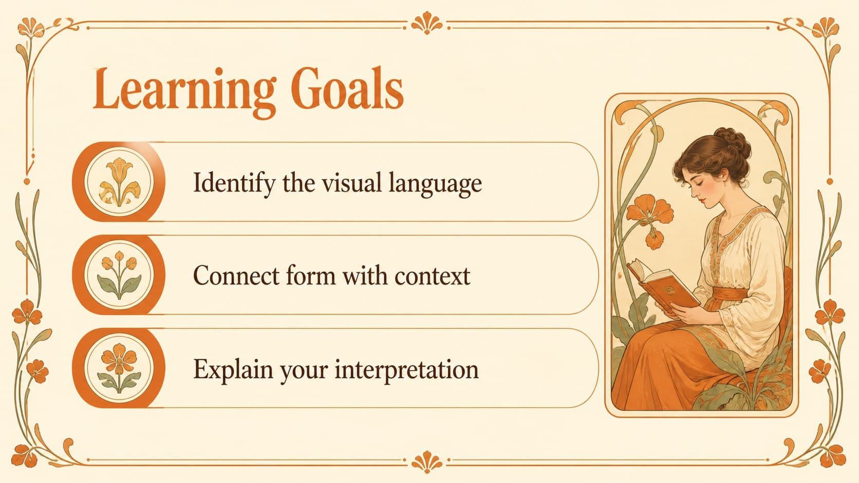 Lesson objectives slide showing academic goals in an illustrated orange Art Nouveau study layout.