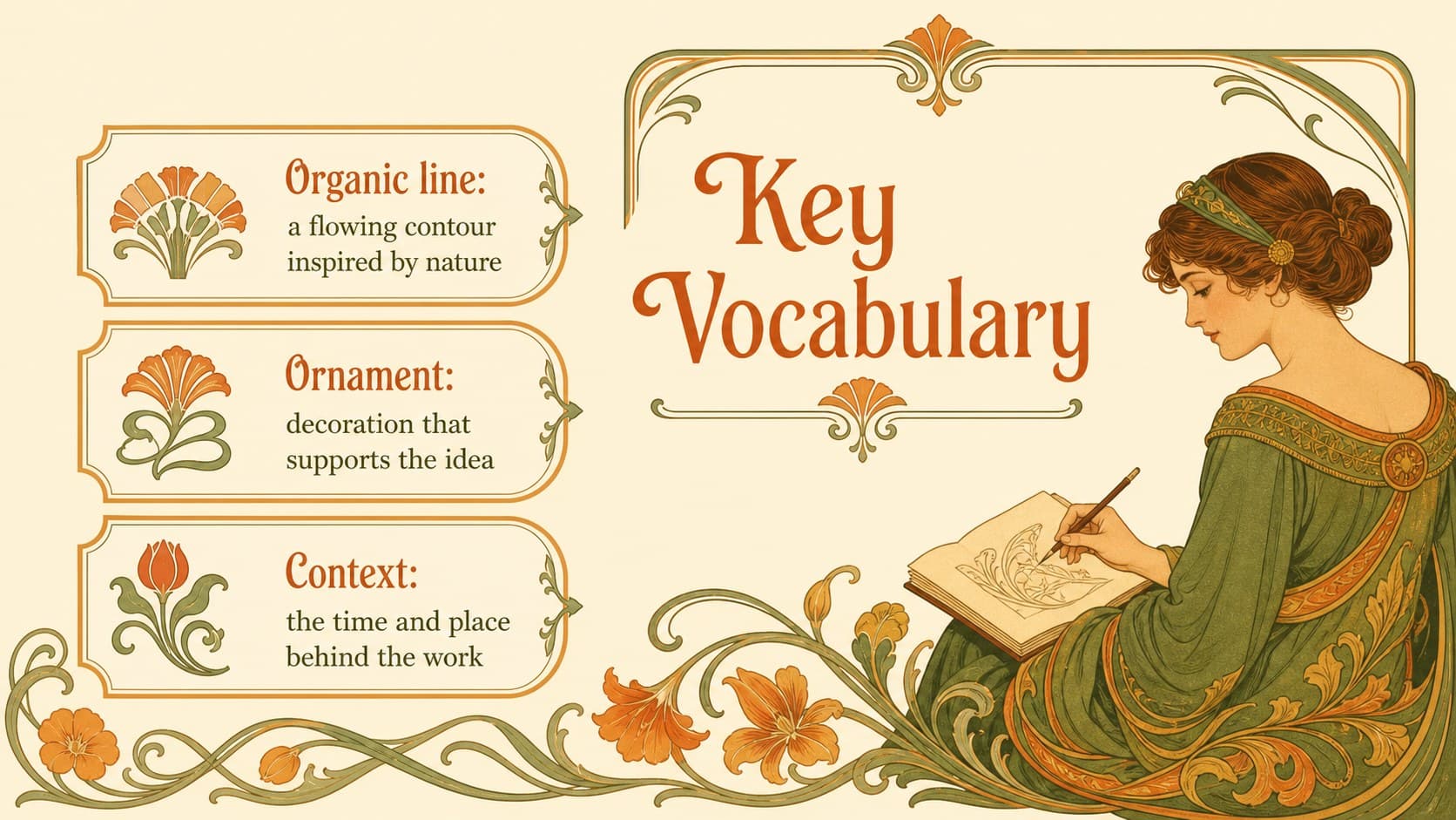 Definition slide explaining Art Nouveau vocabulary with decorative orange linework and an academic notes layout.