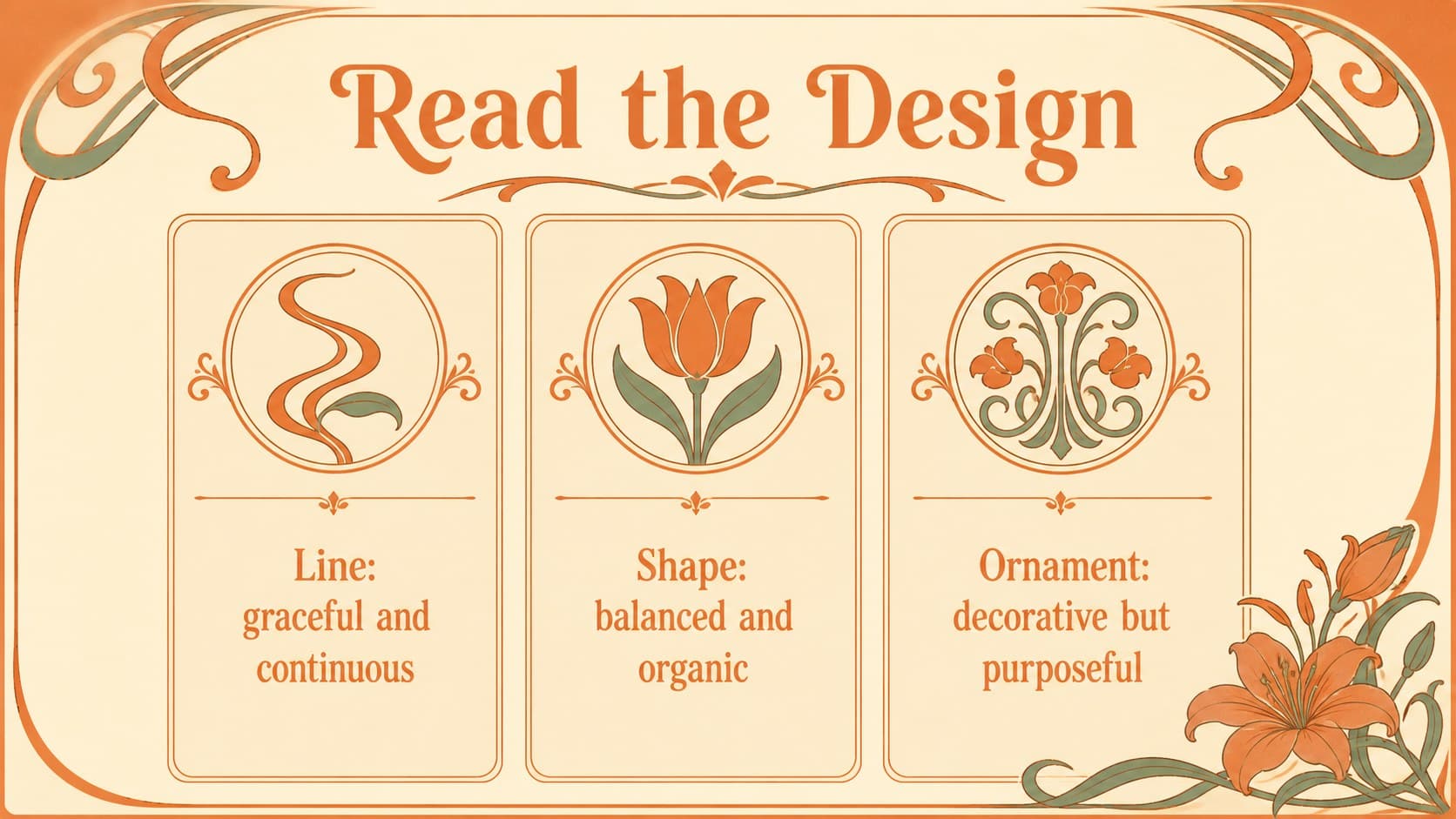 Image analysis slide comparing line, shape, and ornament in an orange Art Nouveau classroom presentation.