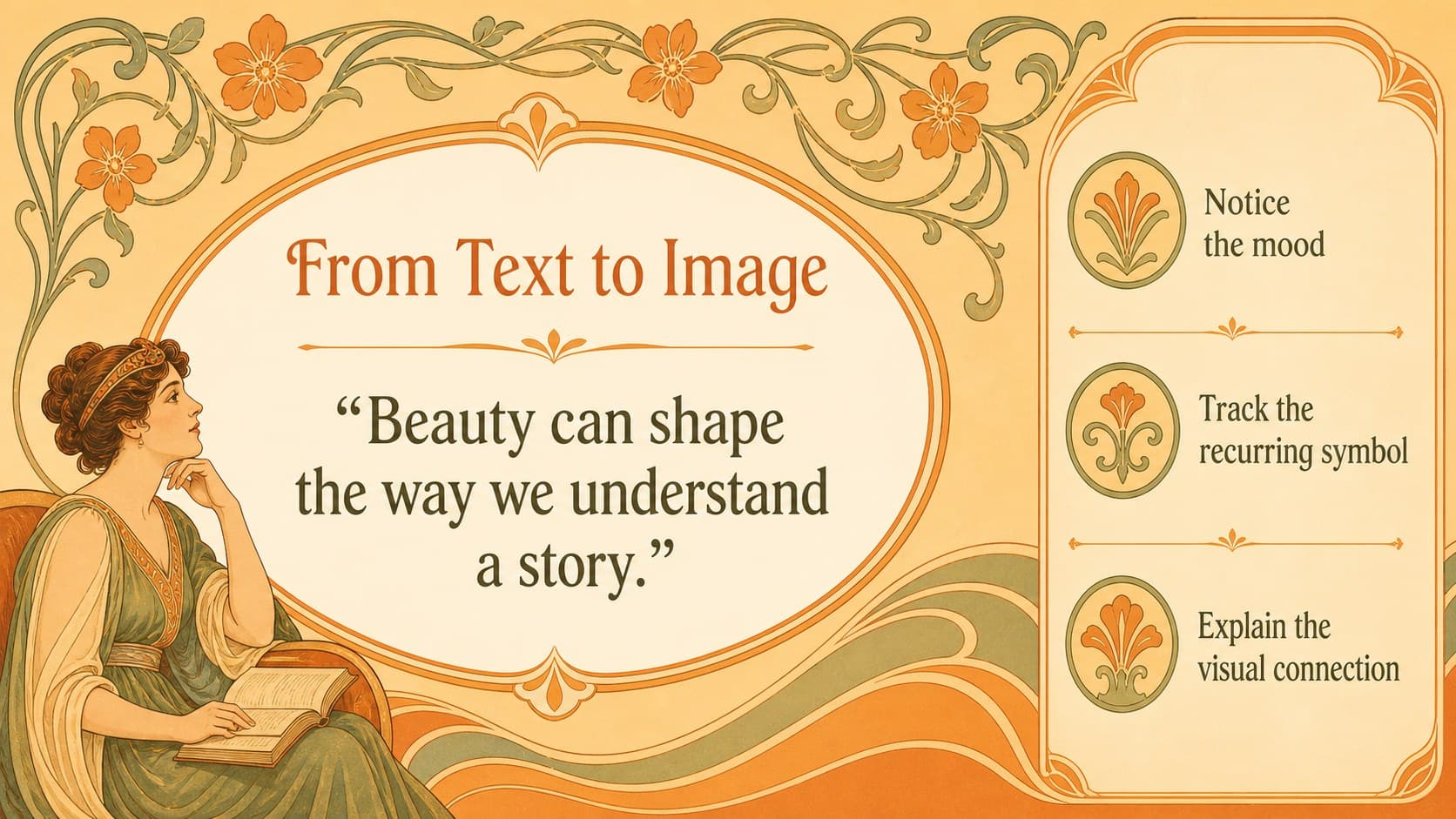 Literature discussion slide connecting a quotation to visual style through orange botanical decoration.
