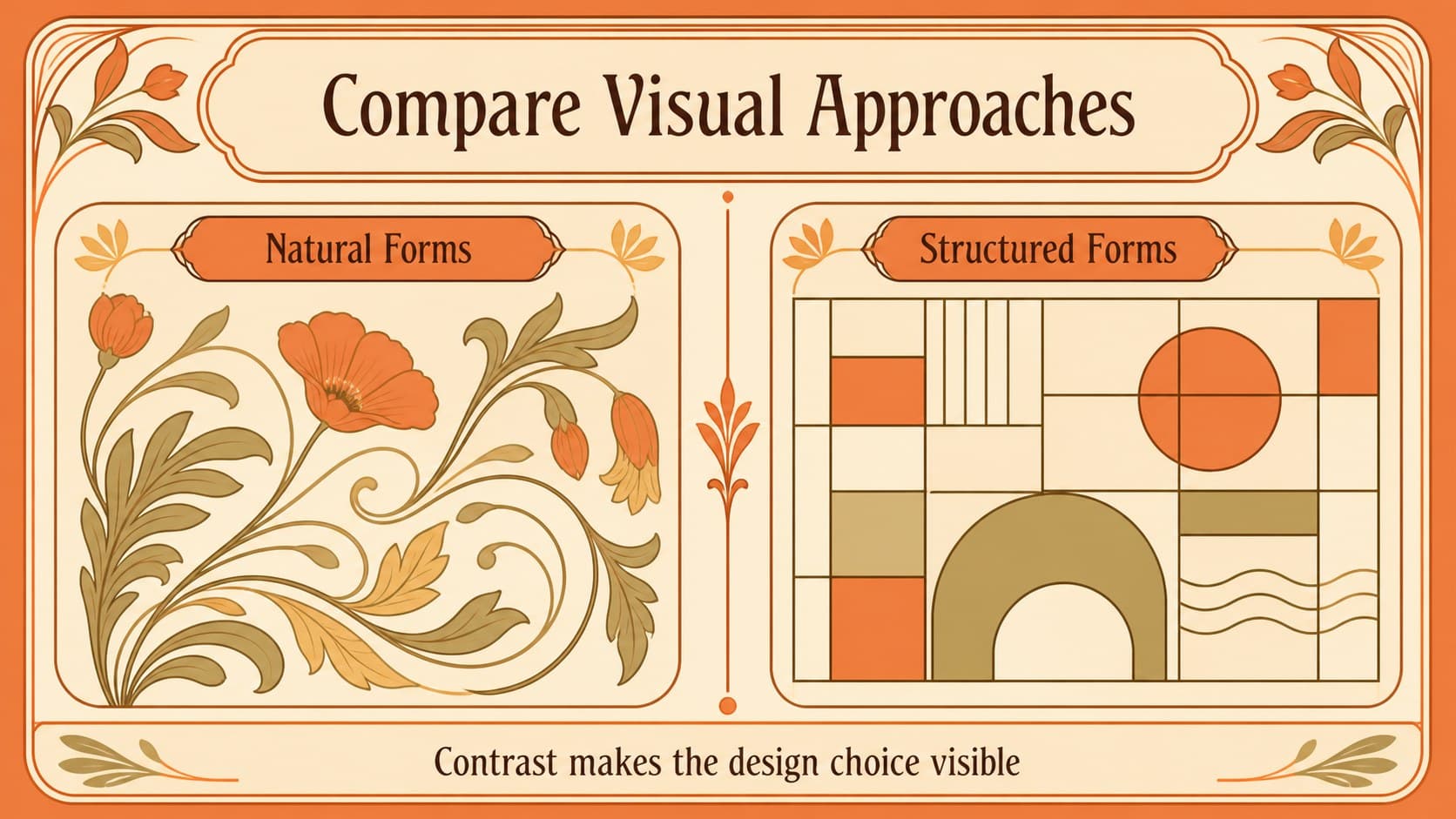 Two-column comparison slide contrasting natural forms and geometric forms in an orange illustrated study deck.