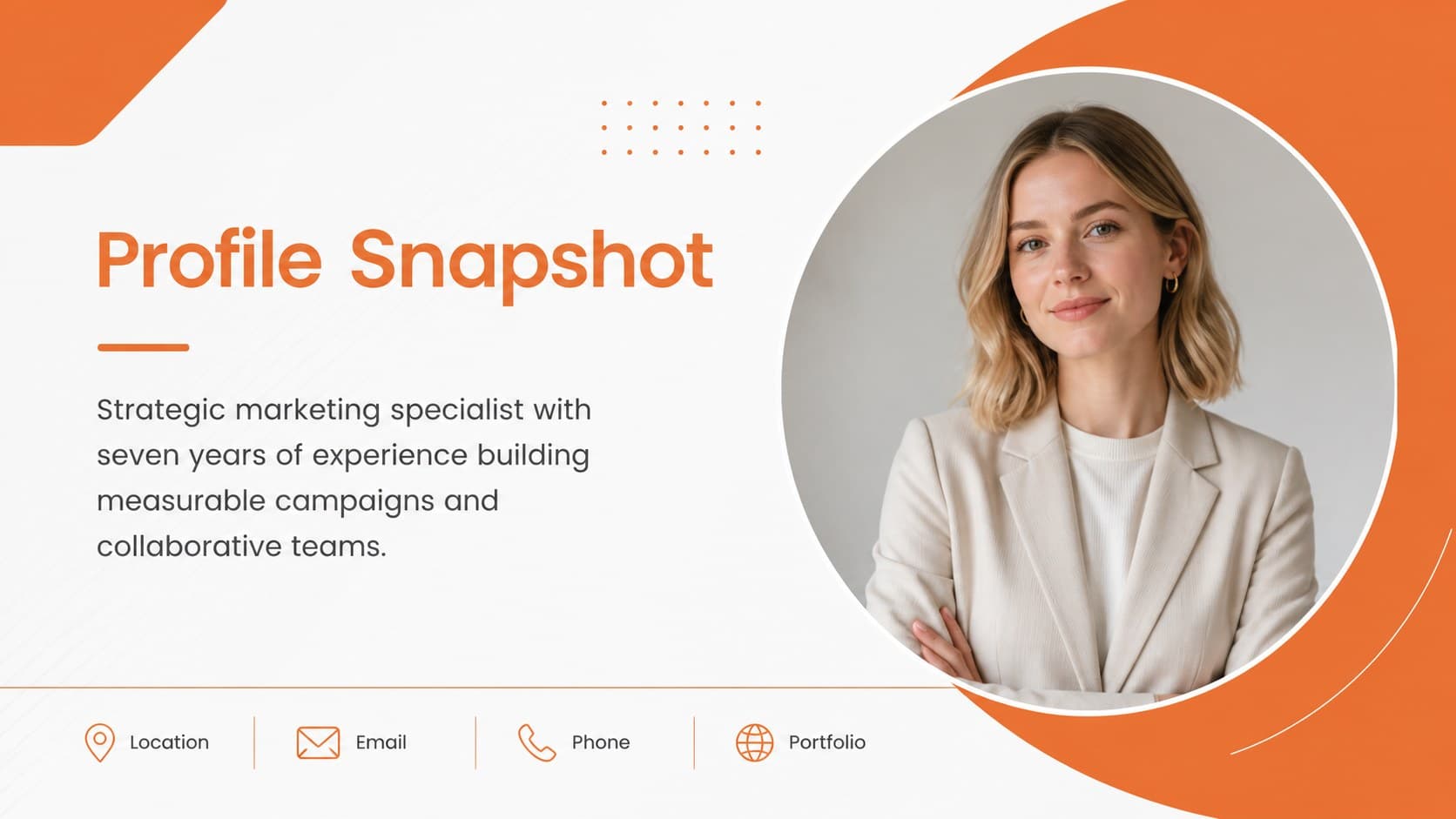 Personal profile slide with a concise biography, contact details, and orange career portfolio accents.
