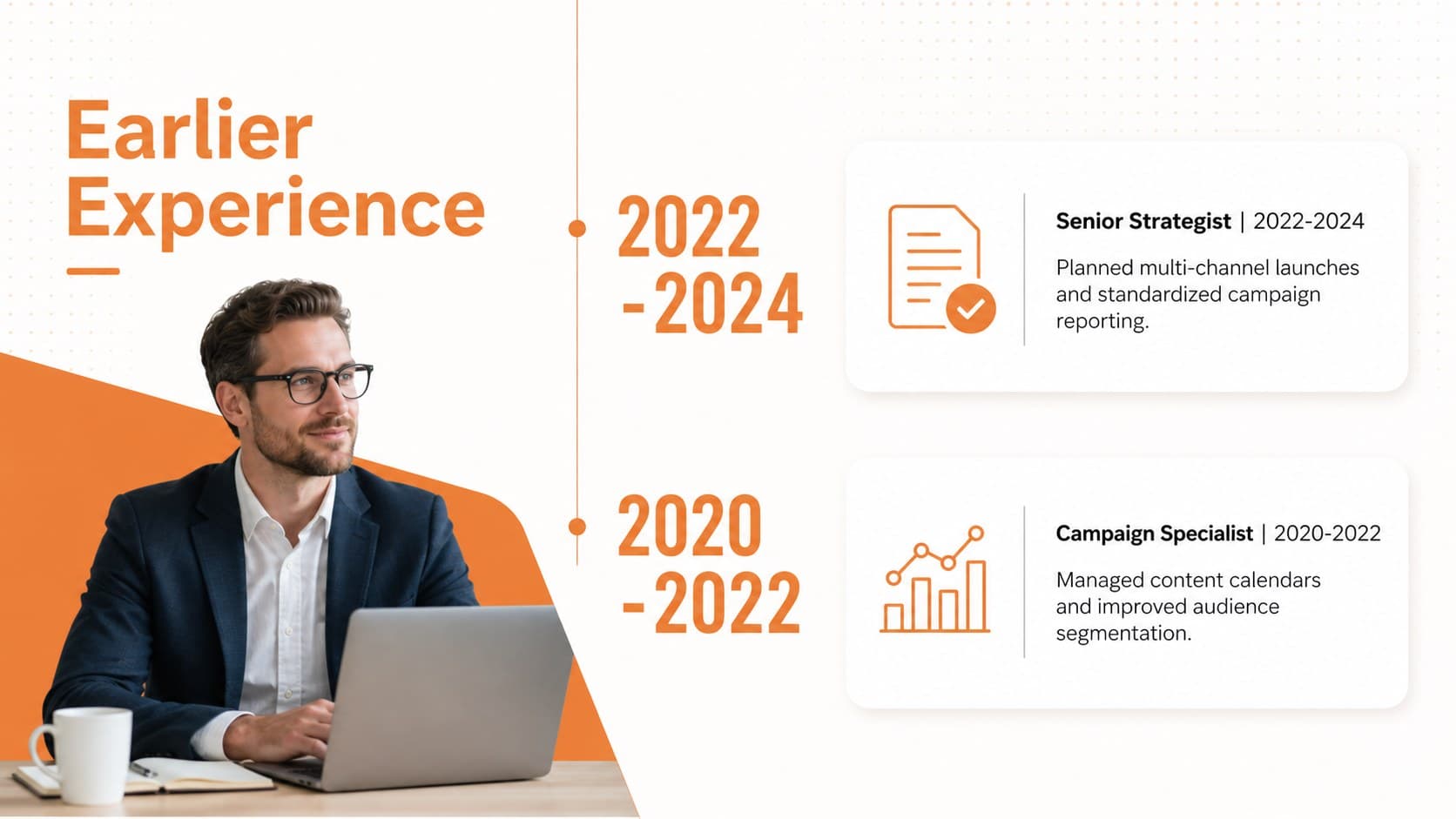 Previous experience slide showing two earlier positions and their contributions in a career profile deck.