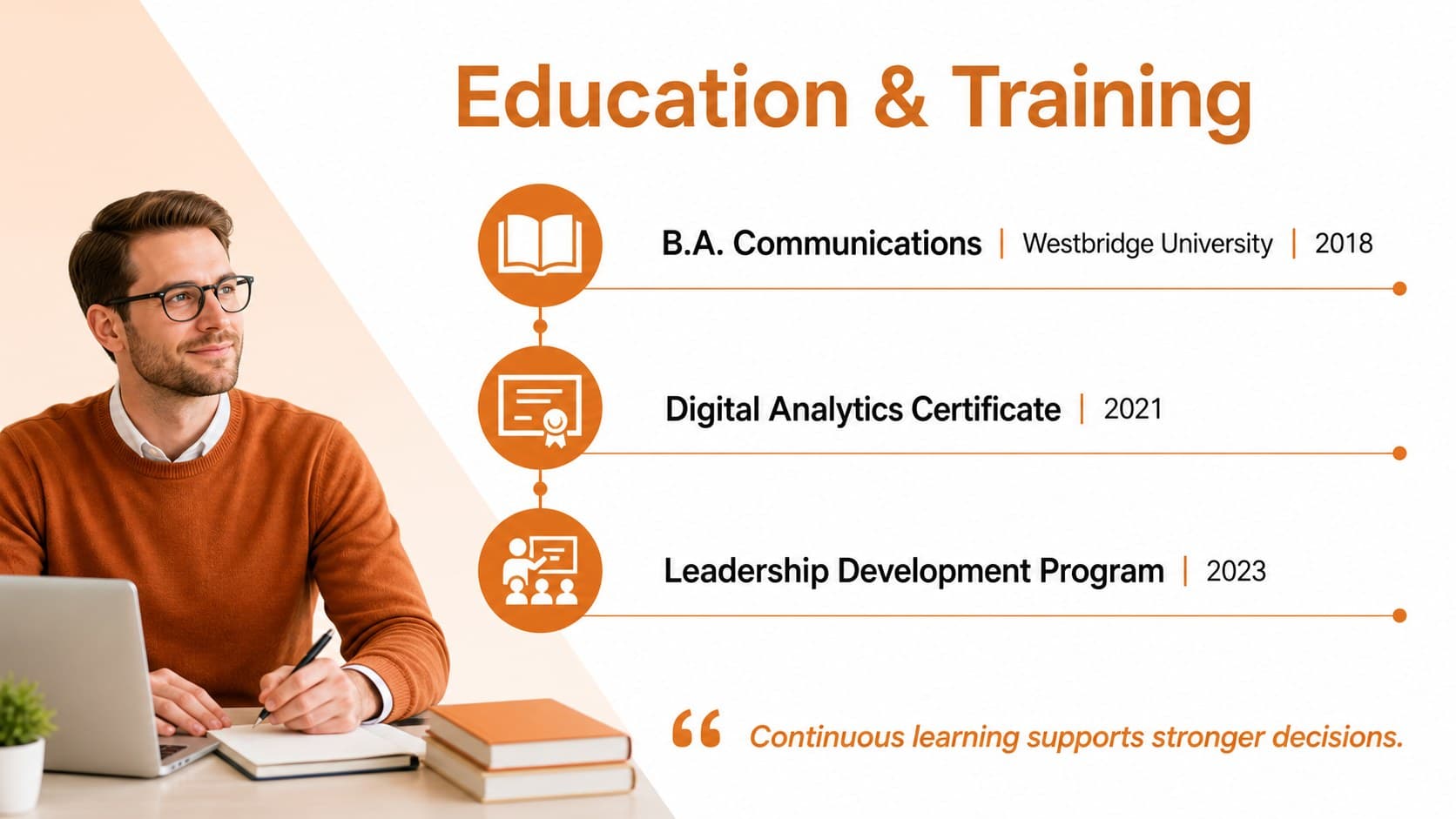 Education and training slide listing a degree, certificate, and continuing education for a visual CV.