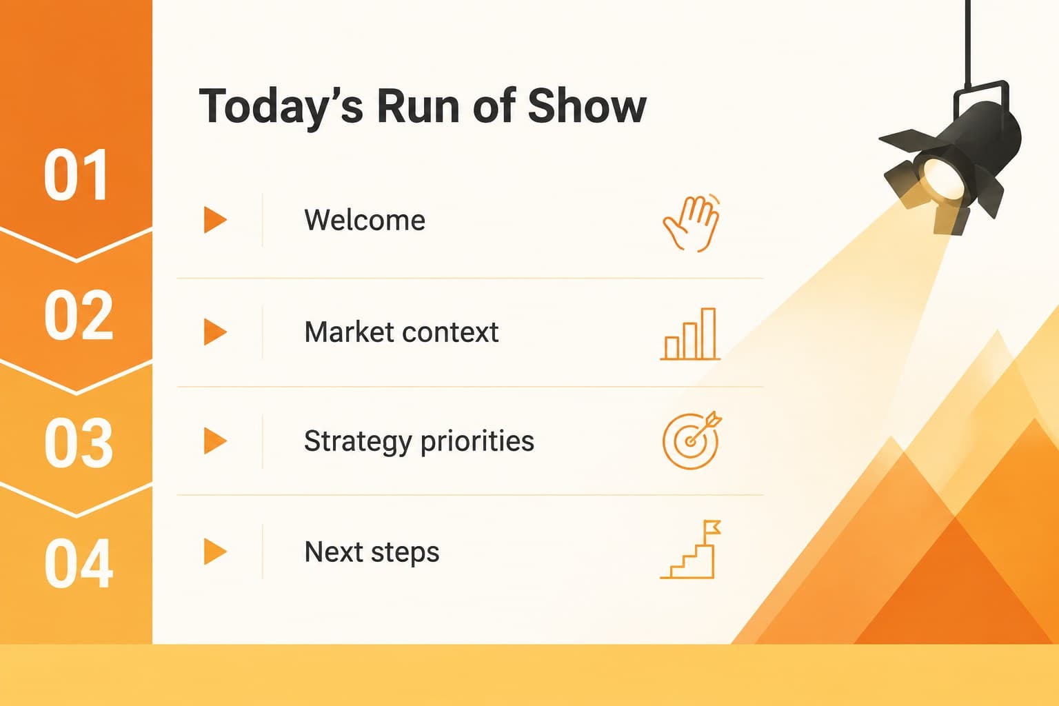 Agenda layout organizing keynote sections for a business summit presentation template.
