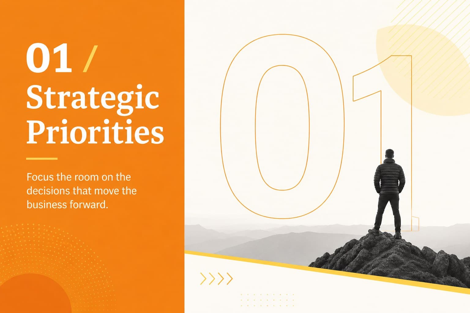 Section divider introducing strategic priorities in an editable strategy summit slide deck.