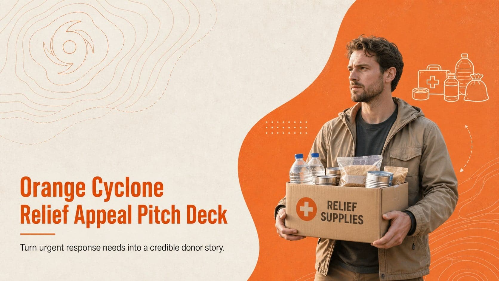 Cover for an Orange Cyclone Relief Appeal Pitch Deck with minimalist emergency response graphics.