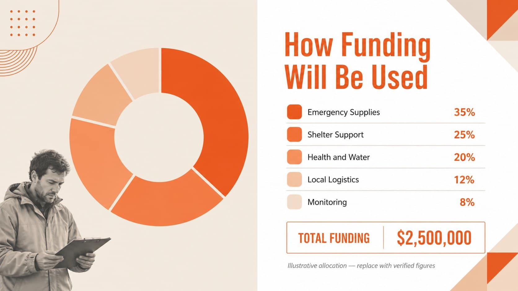 Humanitarian aid budget slide displaying proposed cyclone response funding allocations.