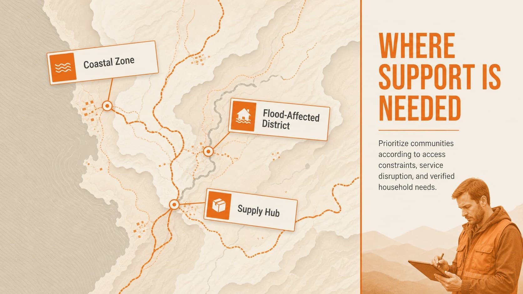 Disaster response funding proposal slide with a map-style view of priority service areas.