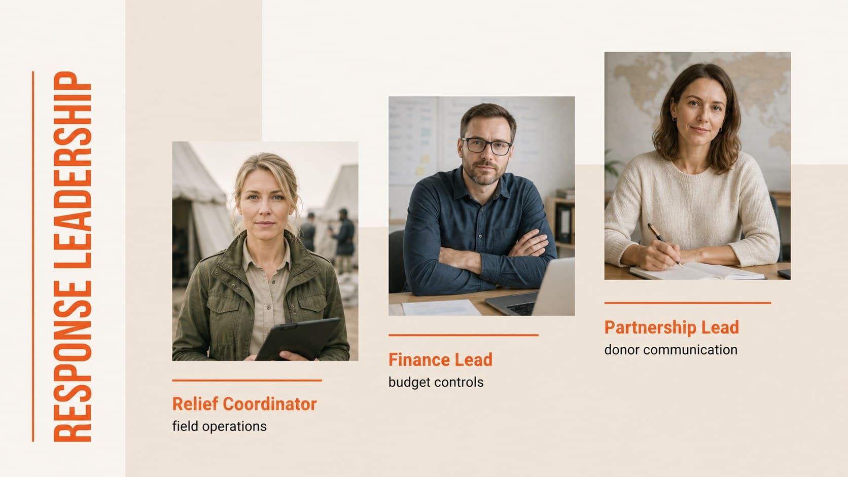 Humanitarian fundraising slide introducing the relief coordination and finance team.