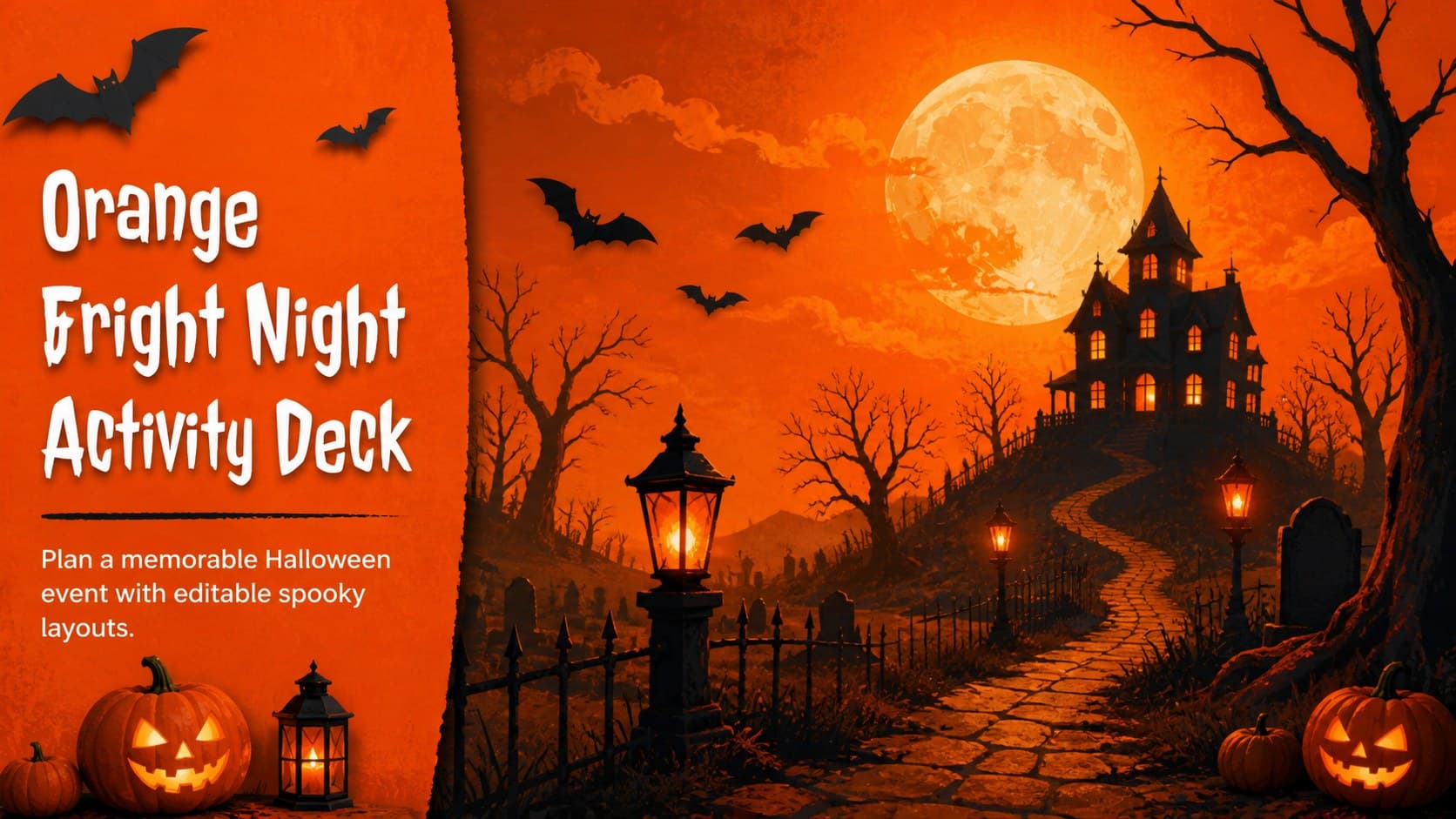 Cover slide for an orange Halloween activity deck with an illustrated night scene and festive pumpkins.