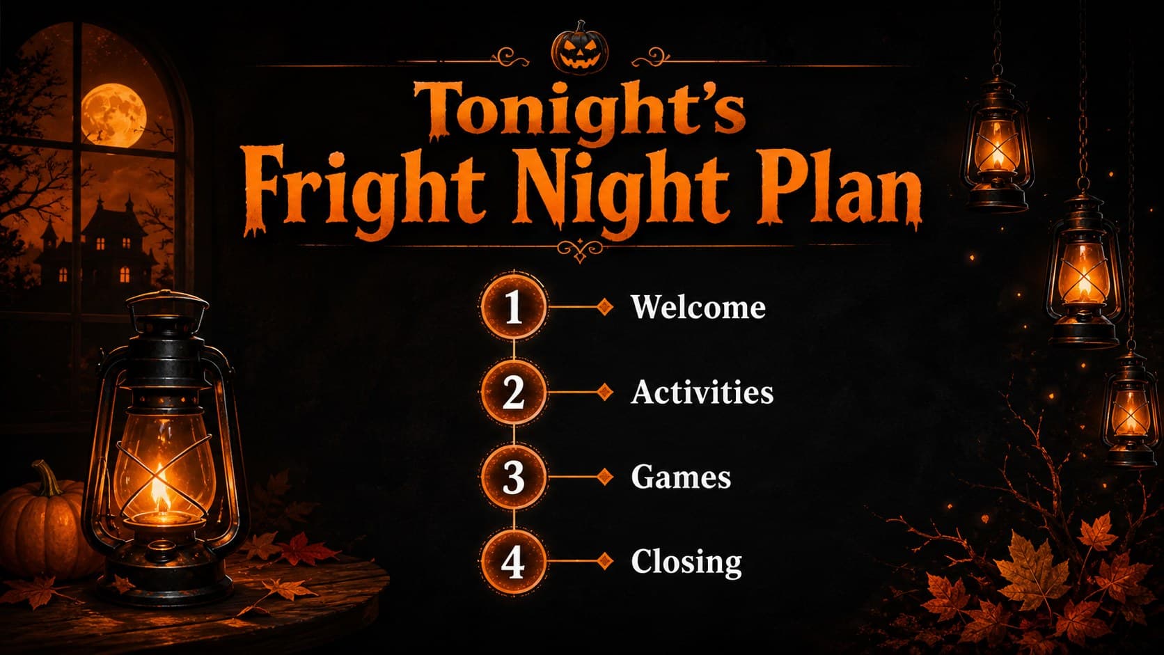 Halloween activity deck agenda slide with orange section markers and a spooky illustrated background.