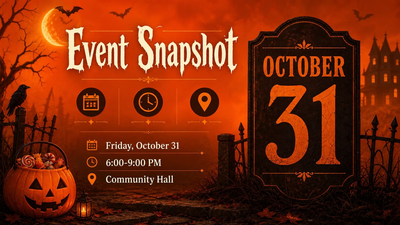 Halloween event overview slide showing orange icons, a date block, and illustrated night decorations.