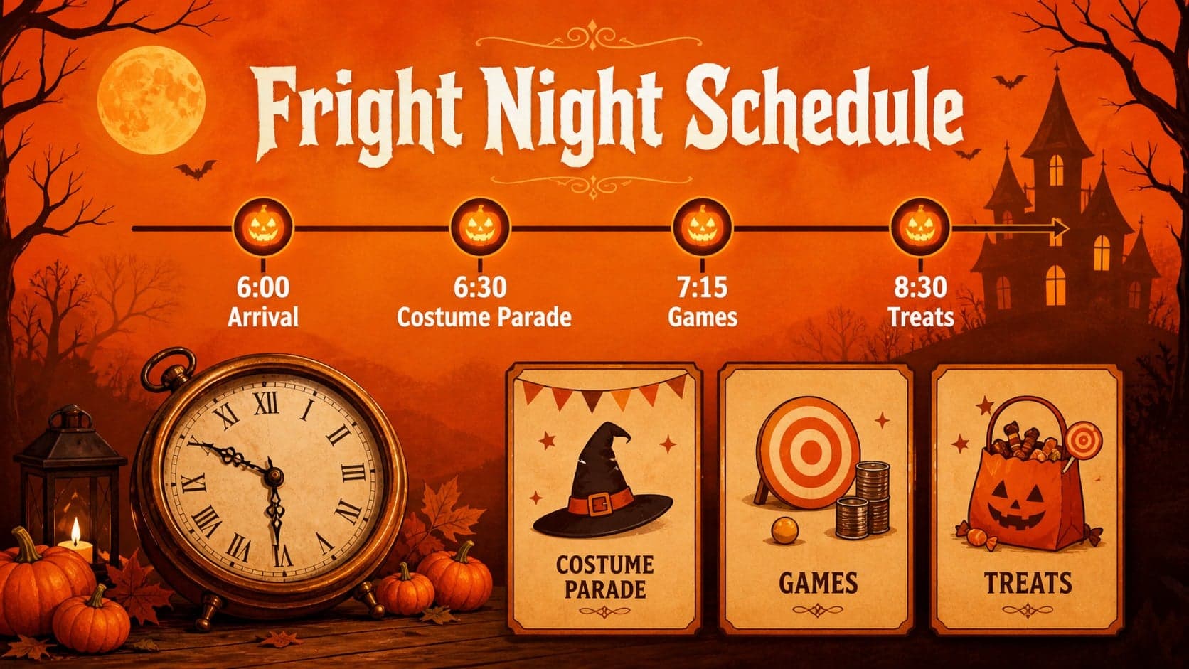 Halloween schedule slide with an orange timeline for activities and illustrated pumpkin accents.