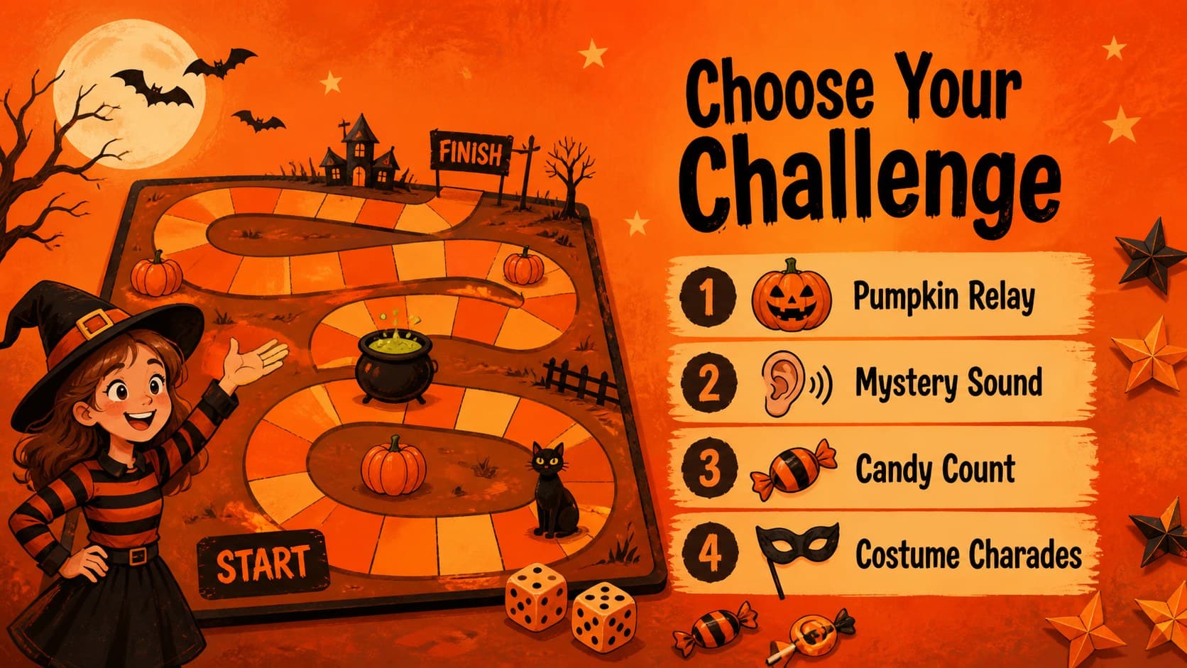 Halloween games slide with orange instruction panels and playful spooky illustrations.