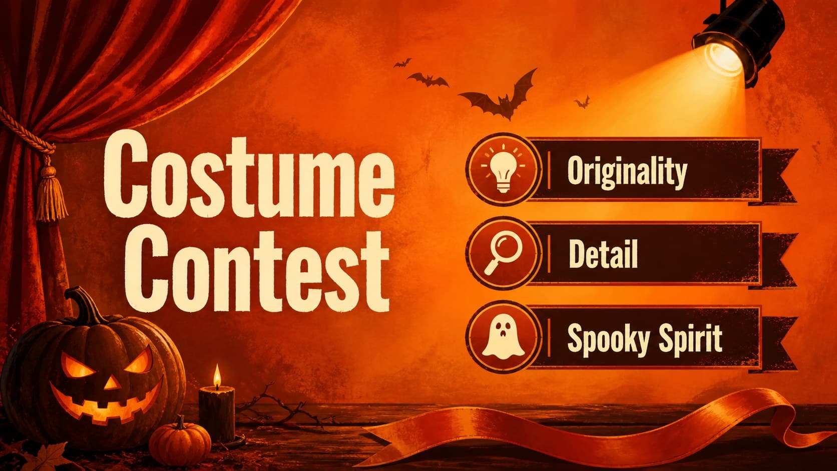 Halloween costume contest slide with an orange judging rubric and illustrated night-sky elements.