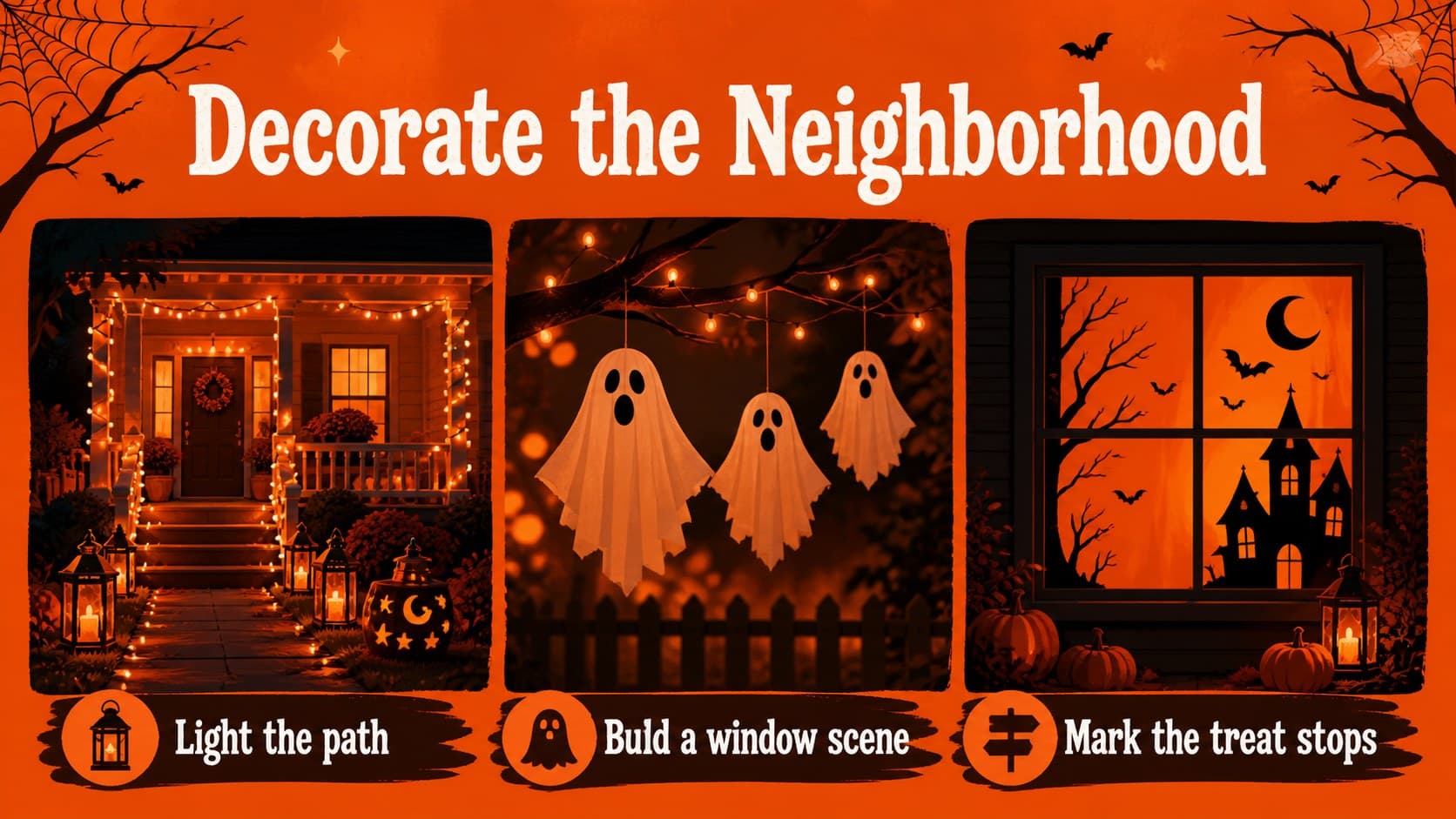 Halloween decoration ideas slide featuring an orange three-column layout and illustrated house details.