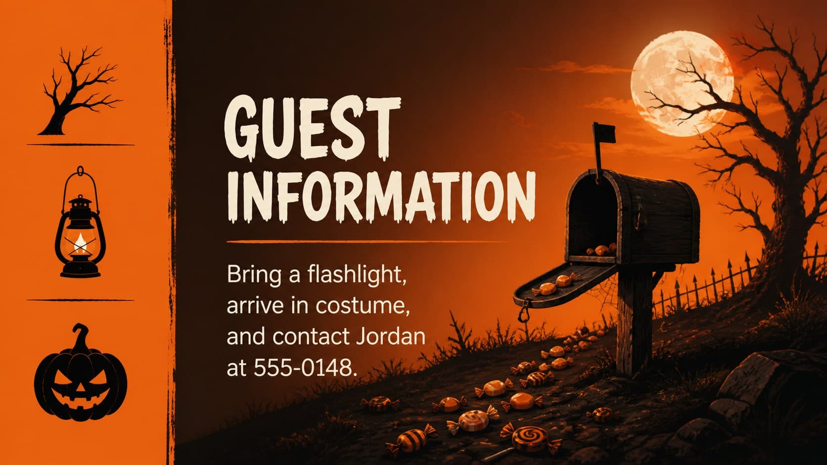 Halloween guest information slide with orange contact blocks and a dark illustrated background.