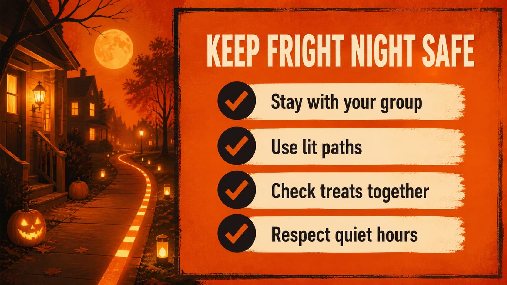 Halloween safety checklist slide with orange checkmarks and illustrated street decorations.