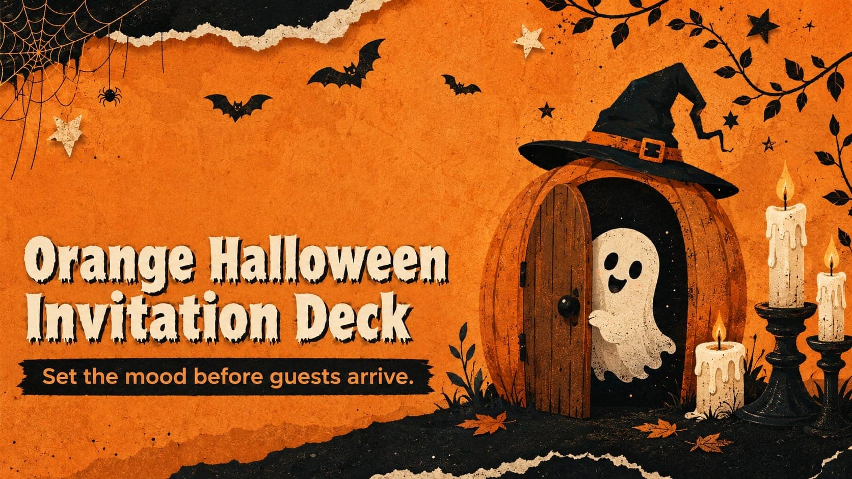 Orange Halloween Invitation Deck cover with textured lettering, playful bats, and original spooky illustrations.
