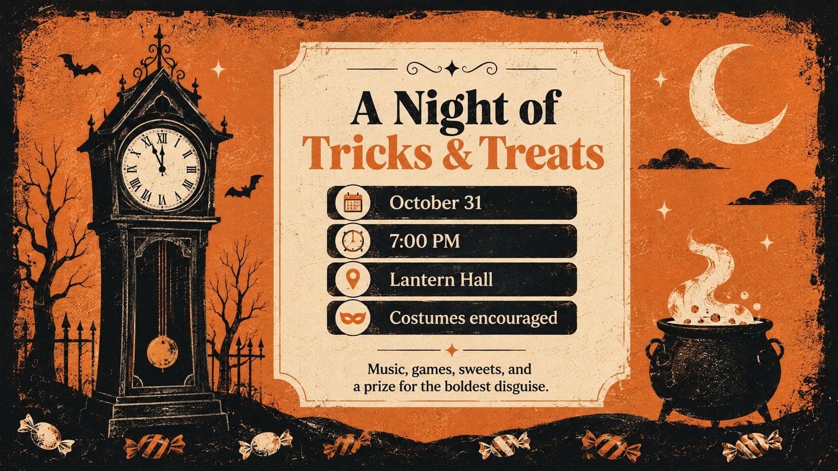Editable spooky party announcement slide presenting the Halloween event date, time, venue, and costume details.