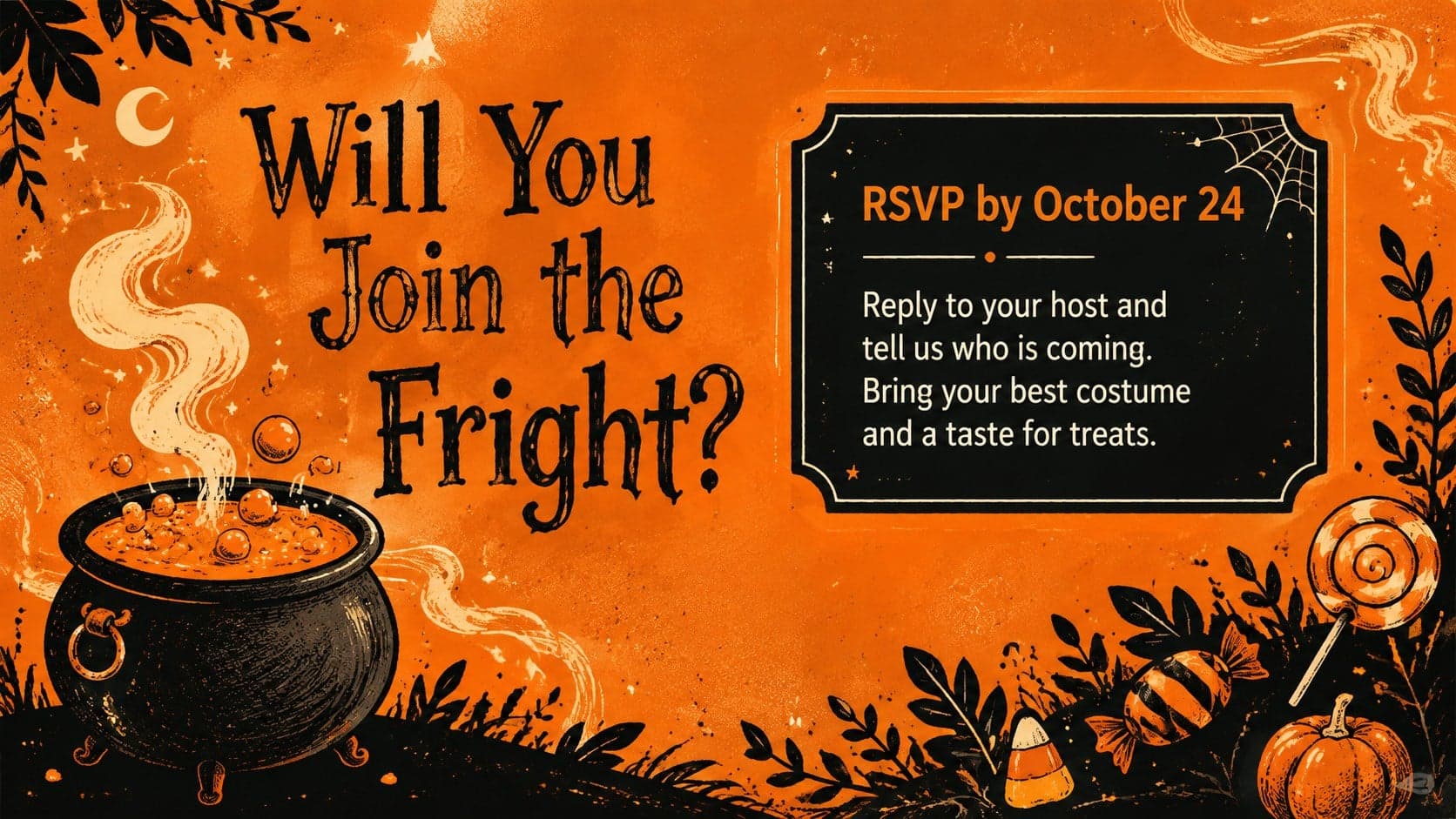Halloween costume party invite RSVP slide with an orange textured background and original cauldron illustration.