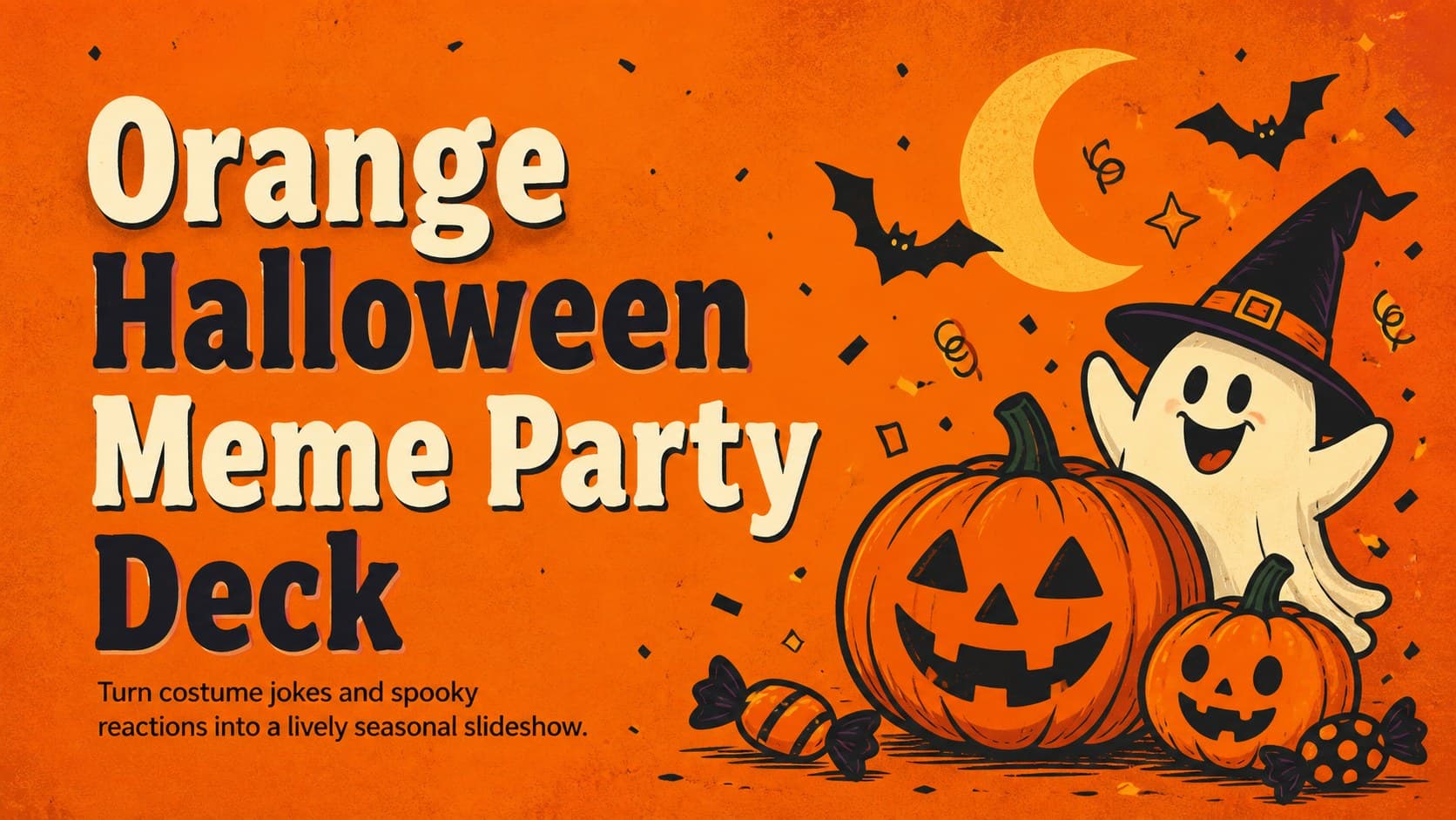 Cover of an orange Halloween meme party deck with playful pumpkins, bats, and bold cartoon lettering.