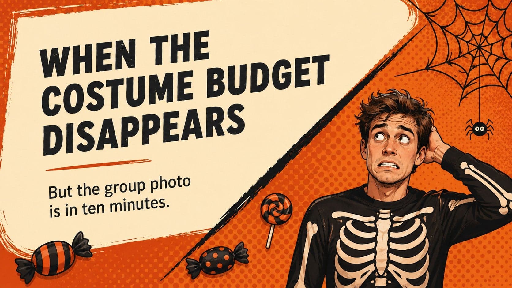 Halloween reaction meme layout featuring an original skeleton costume character and an orange caption panel.
