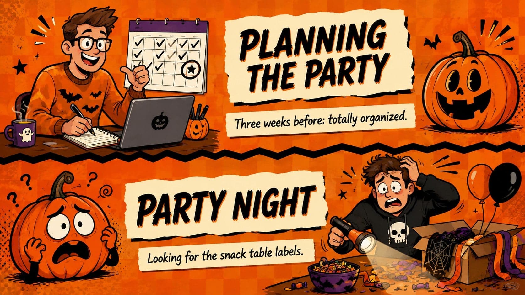 Editable Halloween meme presentation slide with contrasting pumpkin reactions before and after party planning.