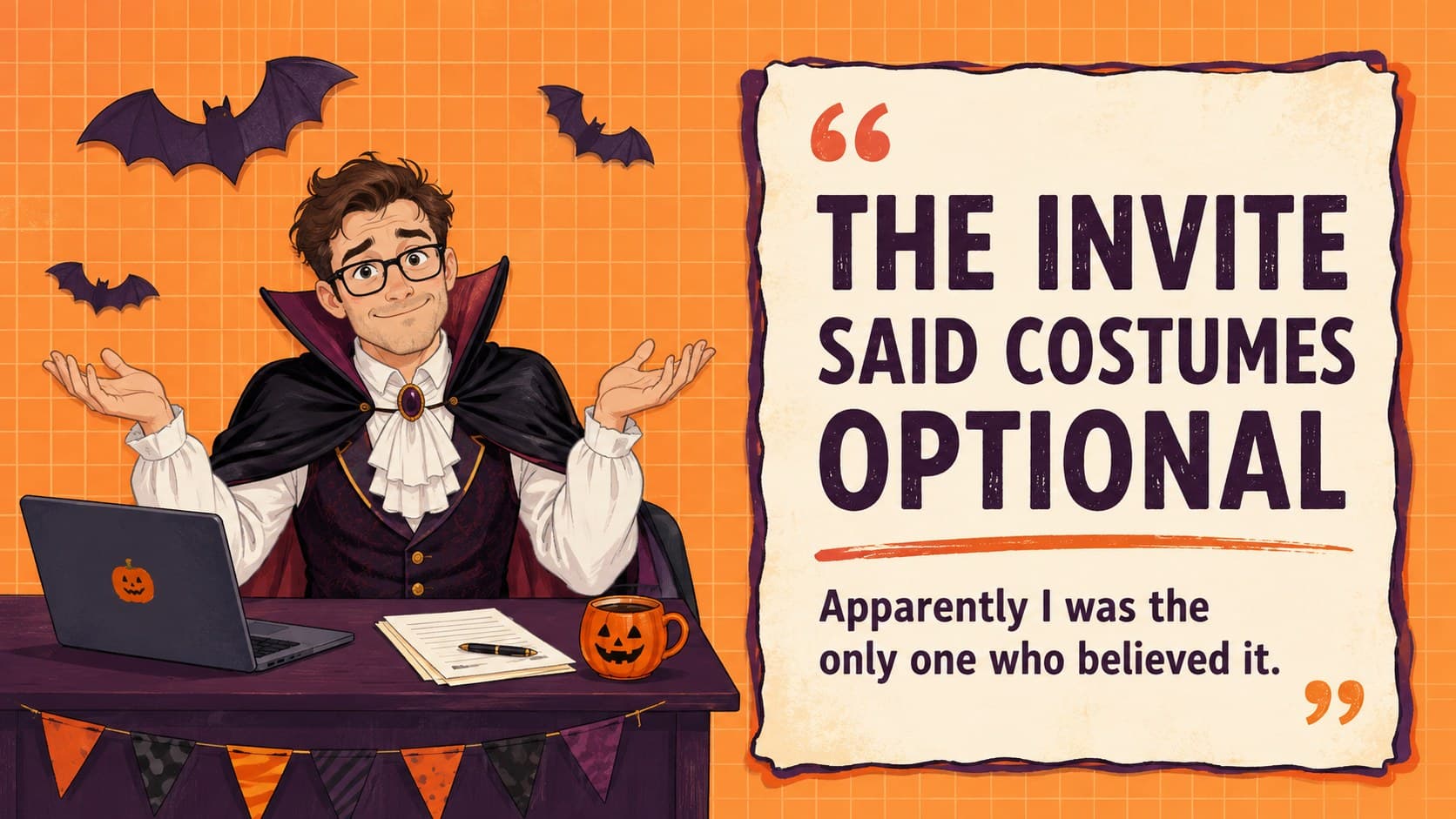 Halloween office party slide deck design showing an original costumed coworker beside a humorous meeting caption.
