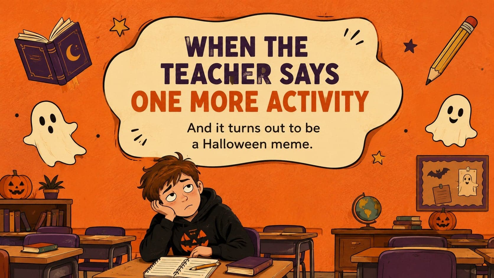 Classroom Halloween humor slide with an original student character, floating books, and a bold orange punchline.