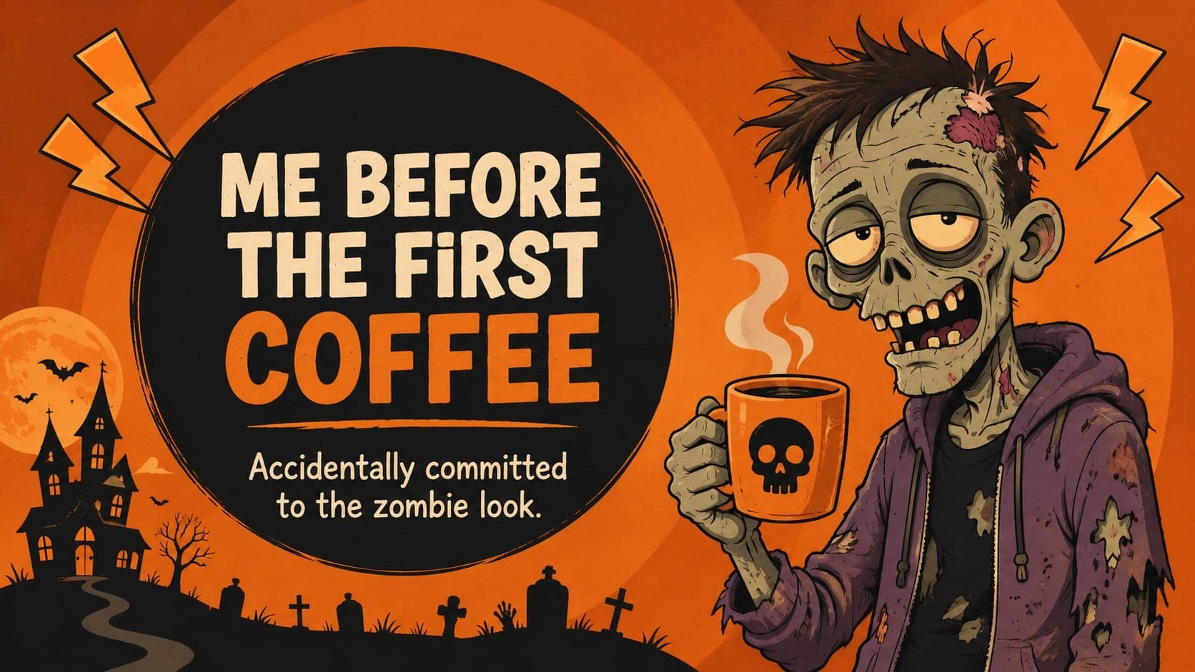 Orange cartoon Halloween presentation slide featuring an original sleepy zombie and a morning coffee joke.