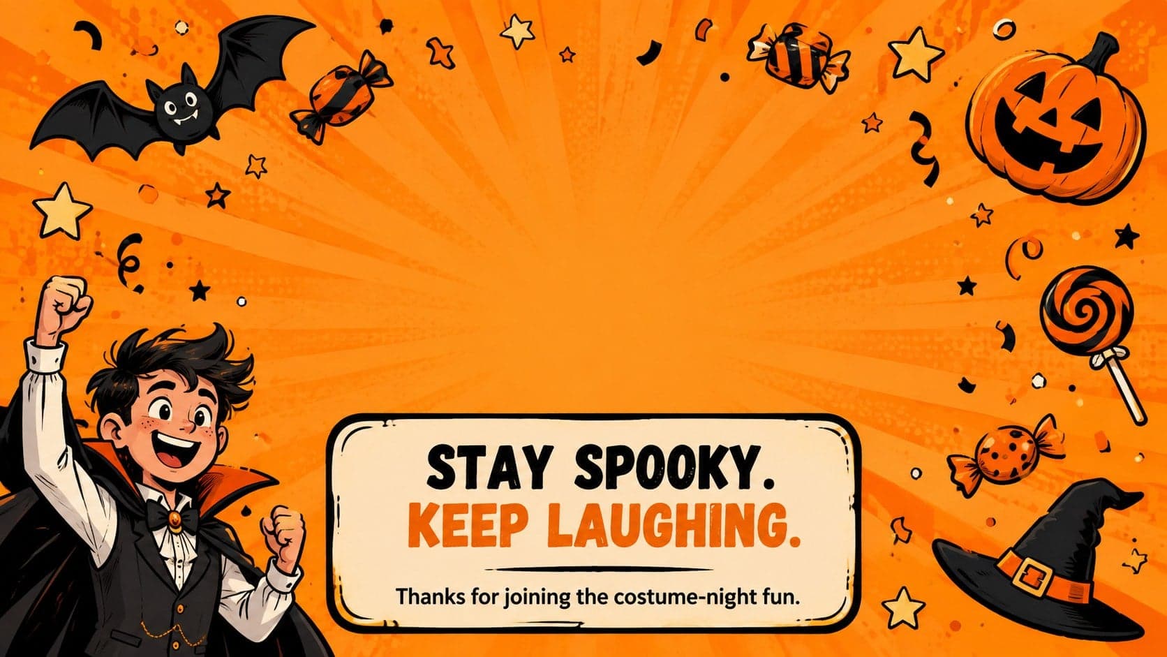 Closing slide for an orange Halloween meme party deck with confetti, candy, bats, and a cheerful seasonal message.