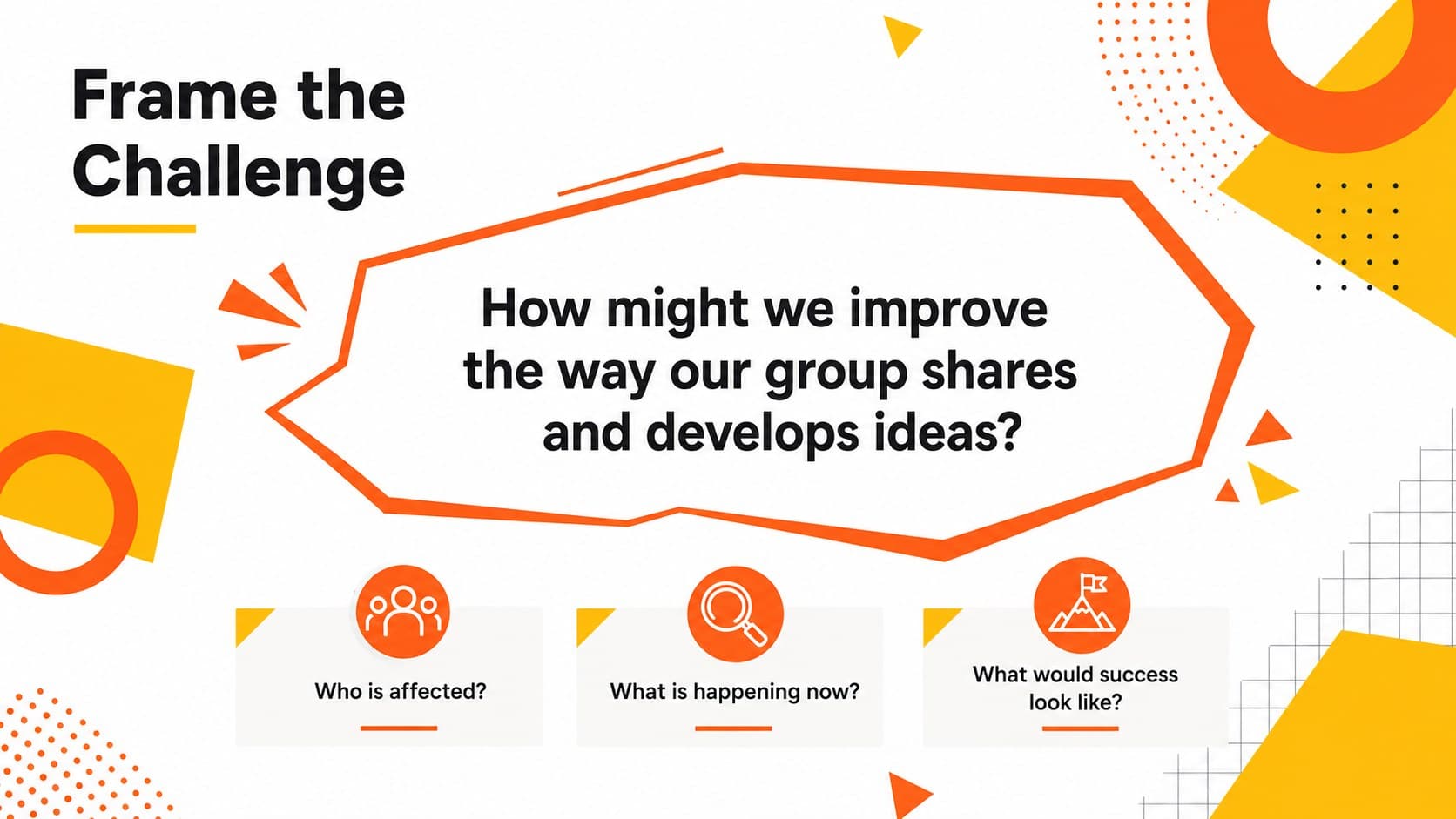 Challenge definition layout from a geometric brainstorming presentation template.