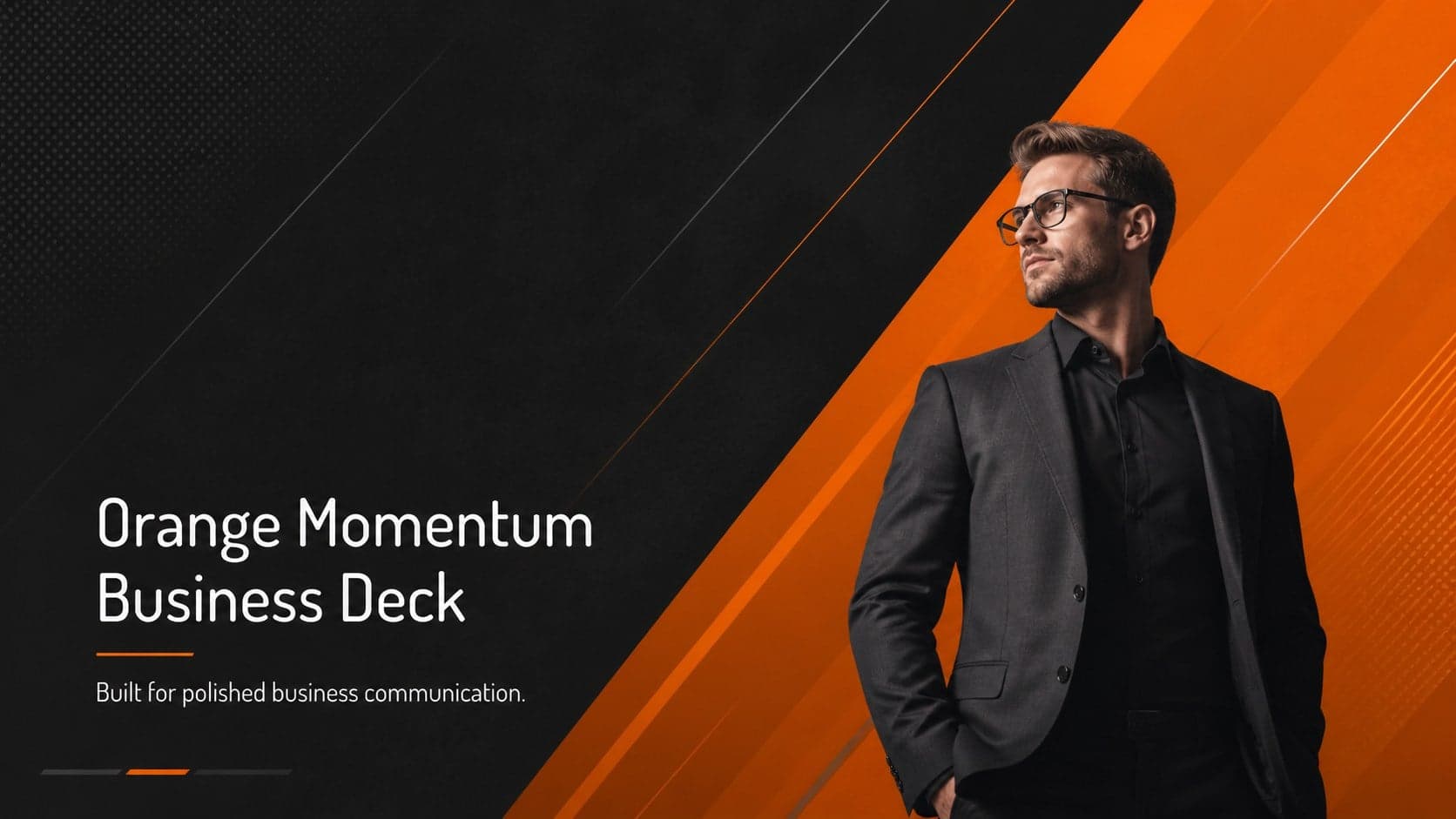 Cover of the Orange Momentum Business Deck with bold orange diagonal geometry on a black corporate background.