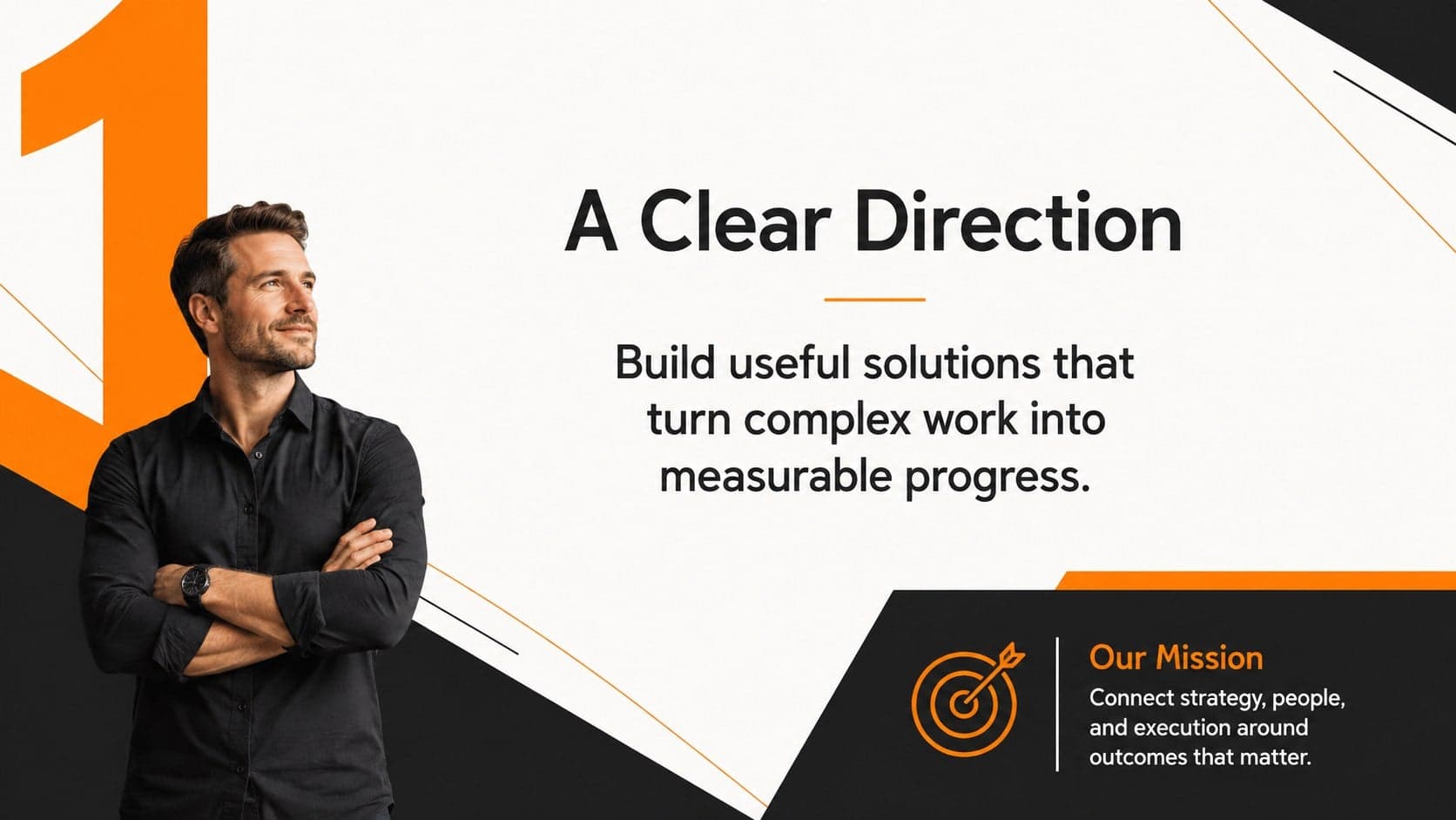 Orange geometric business presentation slide outlining a concise company vision and mission.