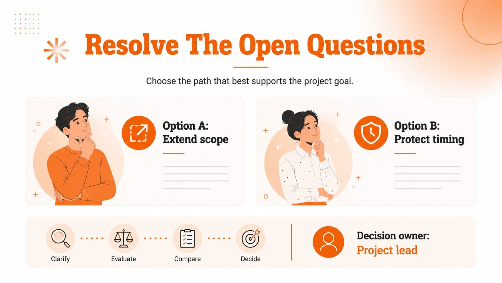 Decision and next steps slide highlighting project choices and follow-up tasks with orange illustrations.