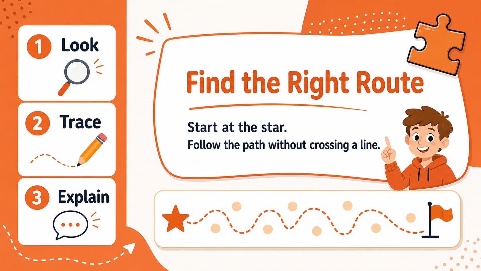 Editable maze activity for kindergarten showing simple directions and an orange path challenge.