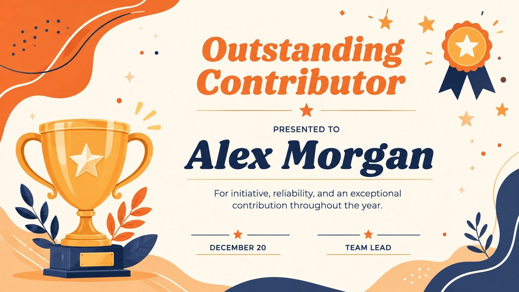 Orange employee recognition certificate honoring an outstanding contributor with playful trophy and star illustrations.