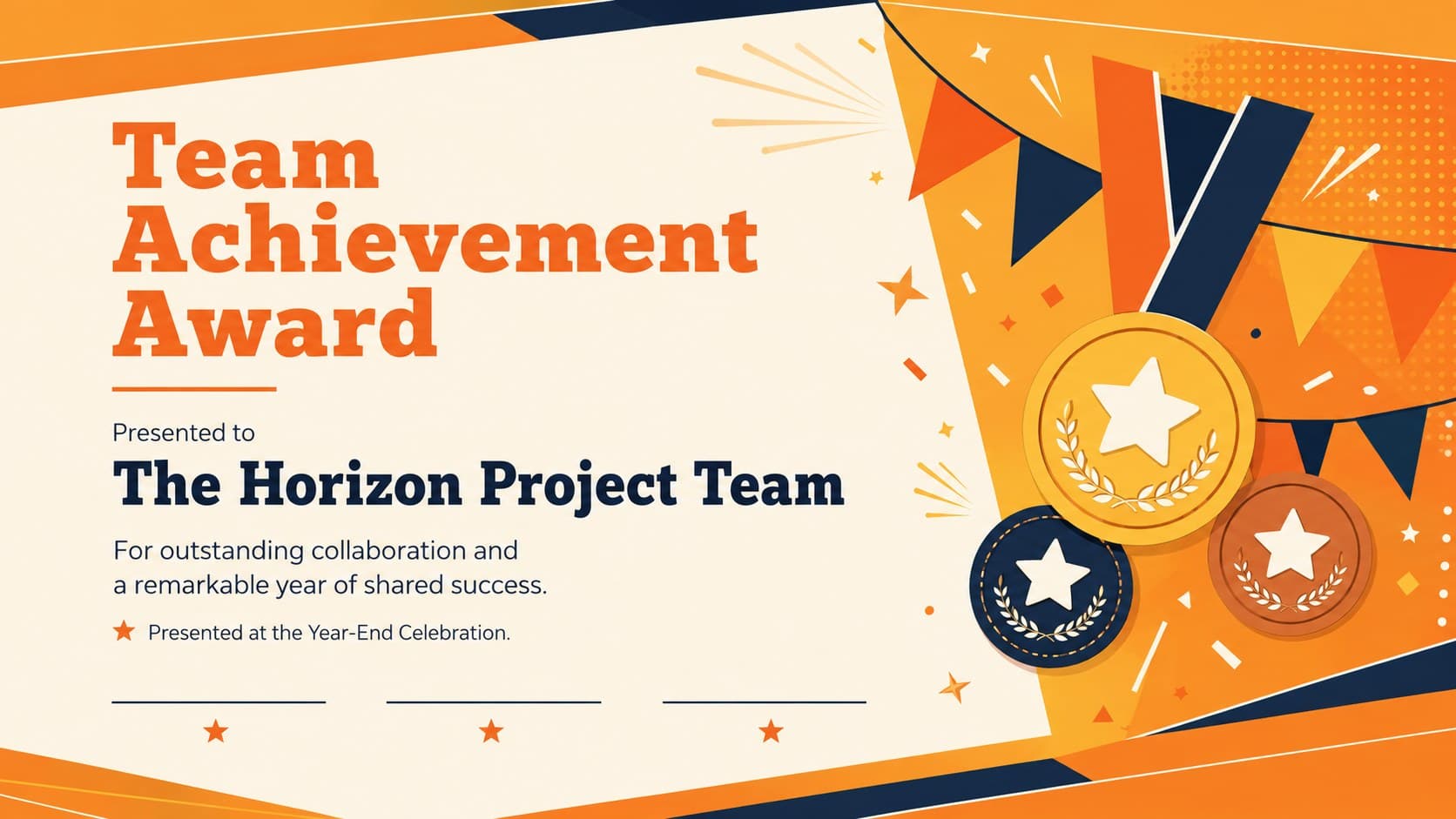 Editable year-end award certificate celebrating team achievement in a bright orange illustrated layout.
