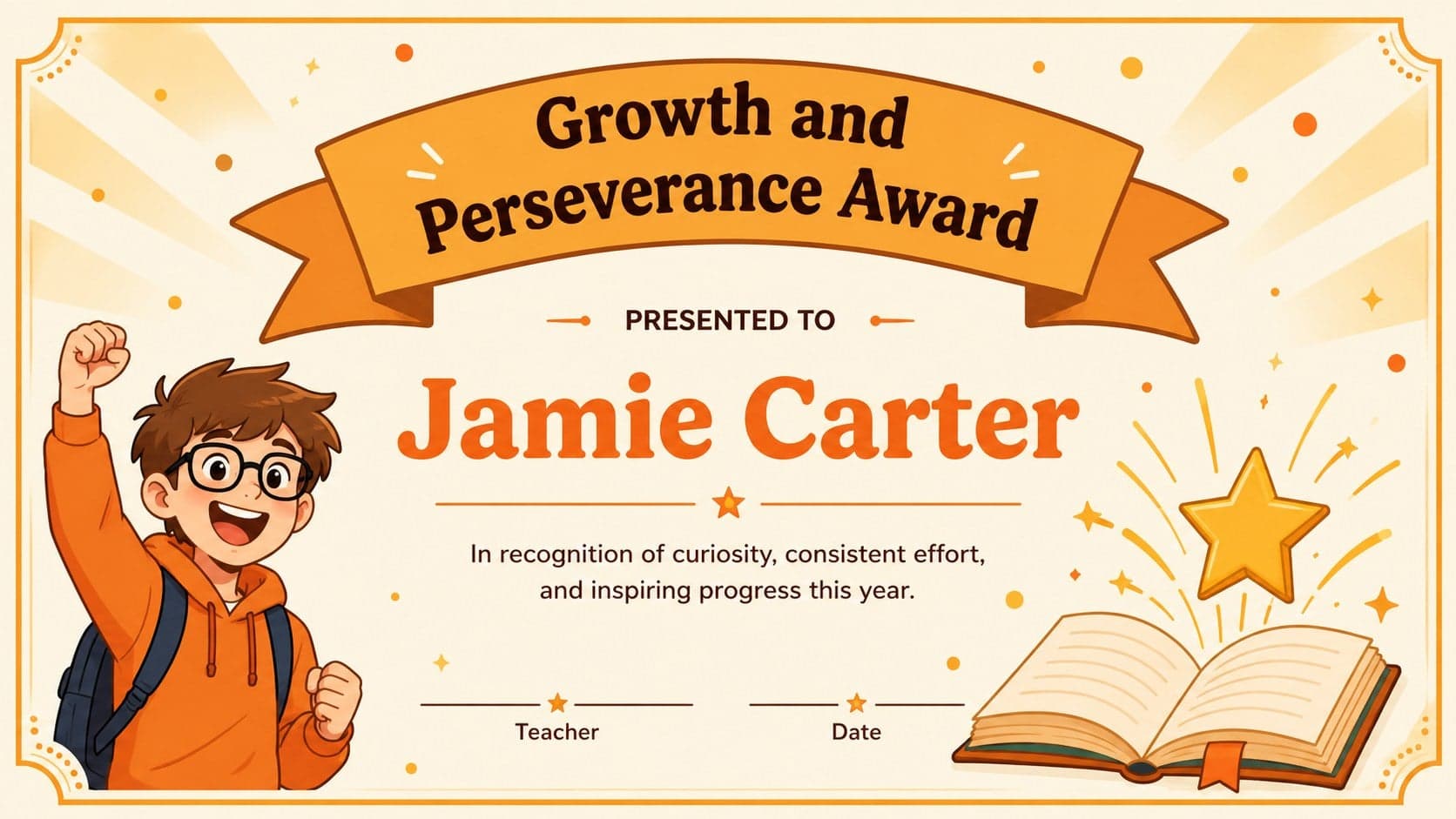 Illustrated student award certificate recognizing growth and perseverance with orange stars and celebratory accents.