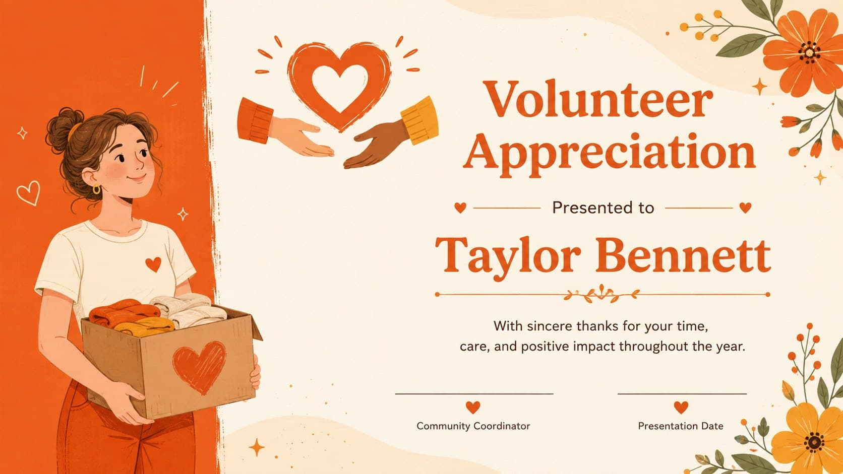 Customizable volunteer appreciation certificate with orange floral shapes, a helping-hands illustration, and signature fields.