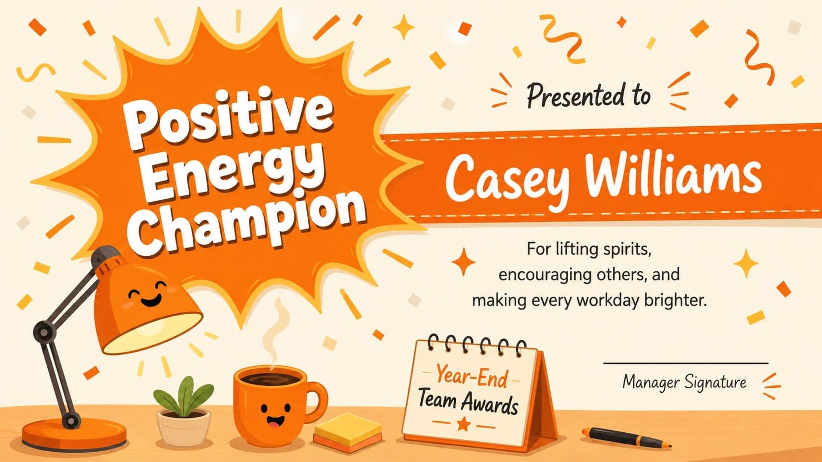 Fun office party award template naming a positive energy champion in an orange confetti-themed certificate design.
