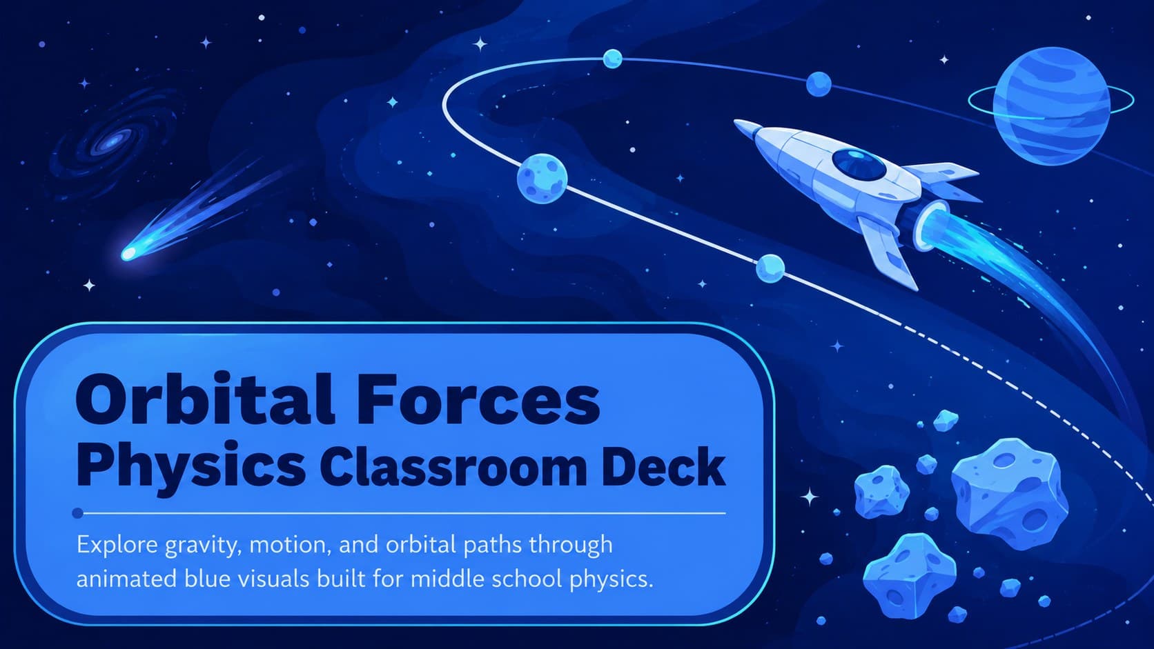Blue illustrated cover for an Orbital Forces Physics Classroom Deck with a spacecraft following a curved orbital path.