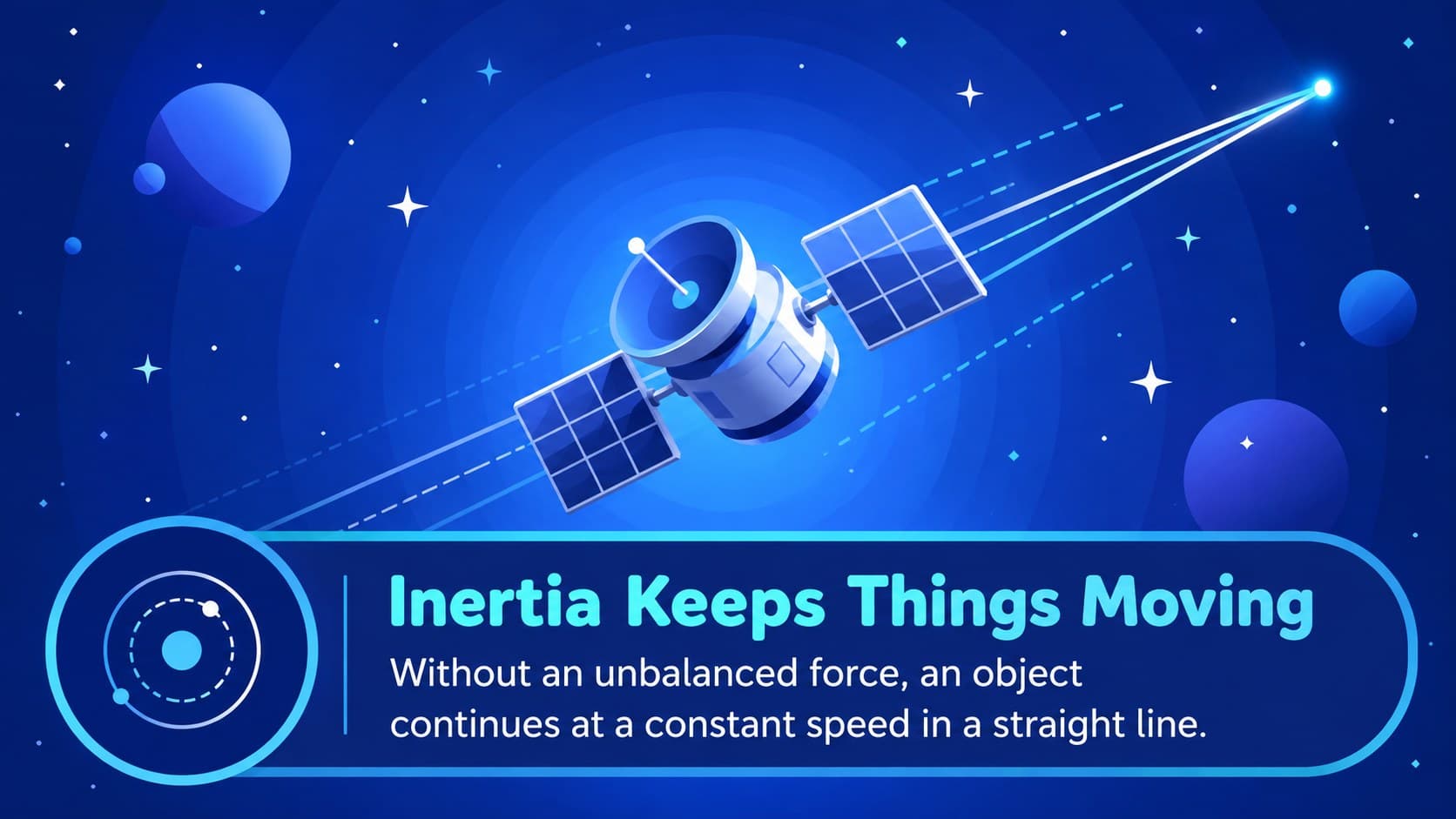 Animated-style inertia in space slide with a drifting satellite and directional motion arrows.