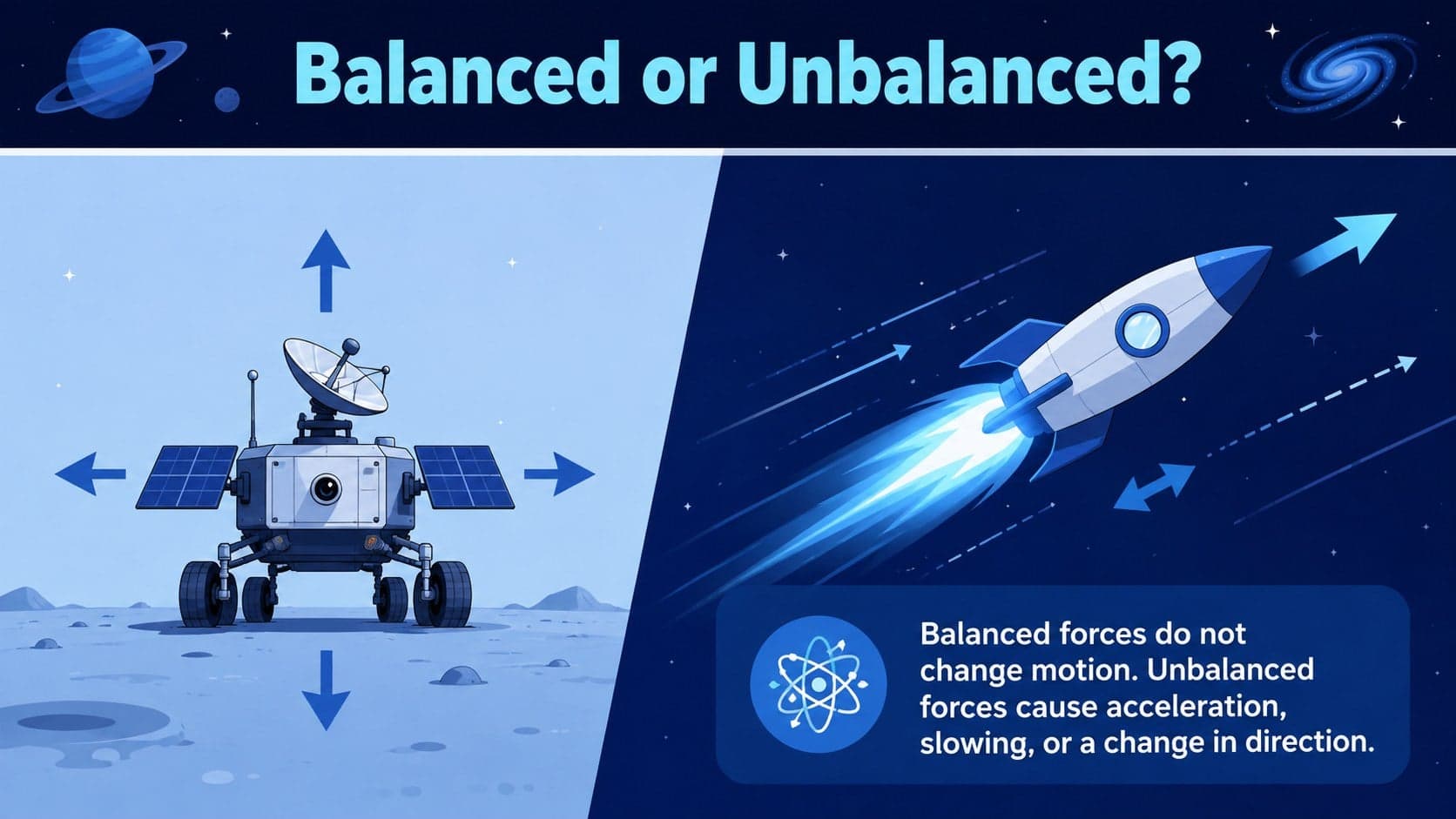 Space physics comparison slide contrasting balanced and unbalanced forces with visual examples.