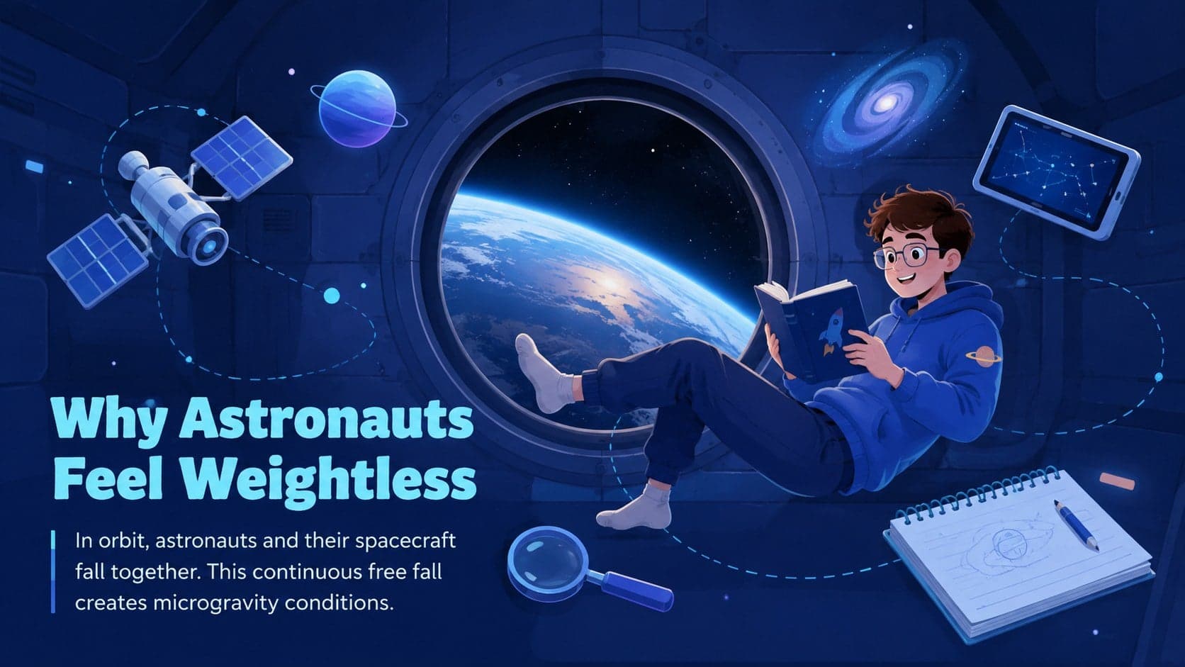 Classroom slide about microgravity showing original astronauts and objects falling together in orbit.