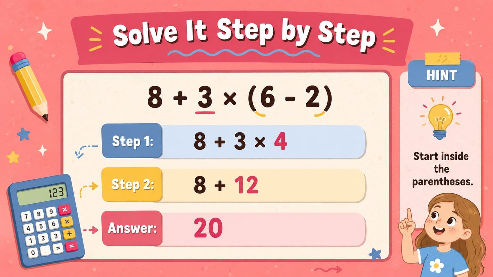 Guided order of operations example showing the step-by-step solution to a numerical expression.