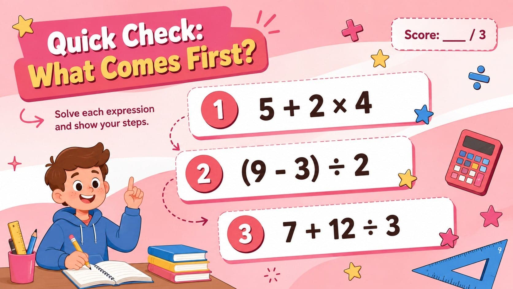 Elementary PEMDAS quiz slide with three order of operations questions and answer spaces.