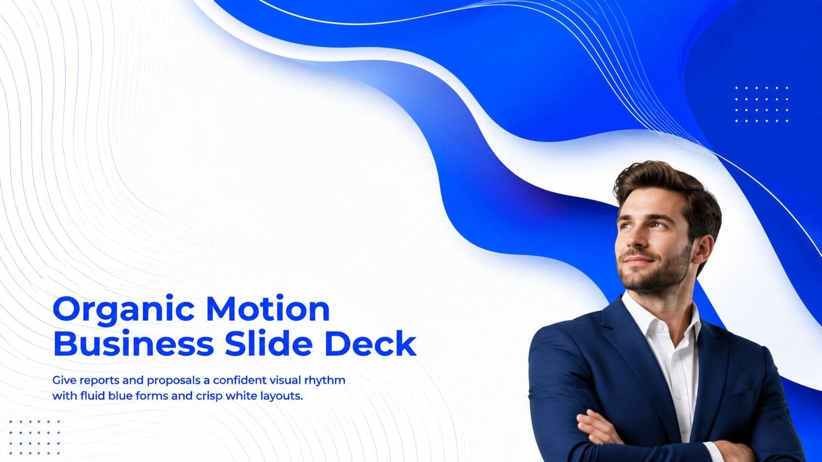 Cover of the Organic Motion Business Slide Deck with fluid blue forms and a clean white title area.